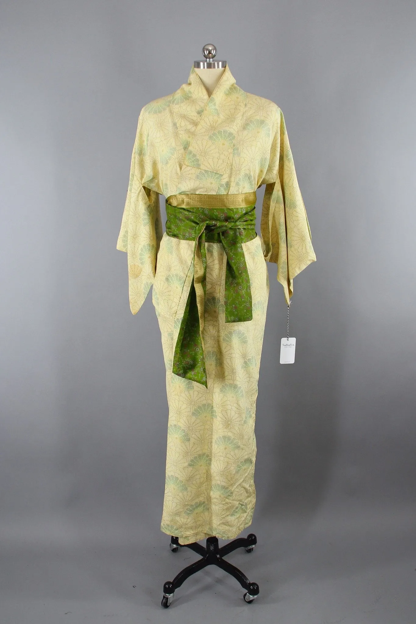 1930s Vintage Silk Kimono Robe / Yellow-Ivory & Green Floral Ikat