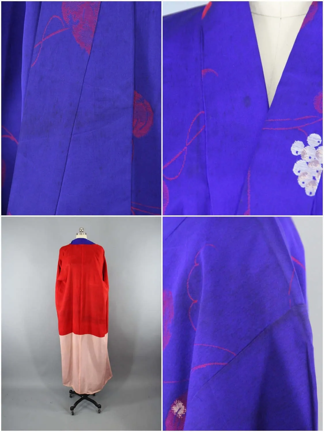 1940s Vintage Silk Kimono Robe / Blue & Pink Omeshi Embroidered Floral Pattern