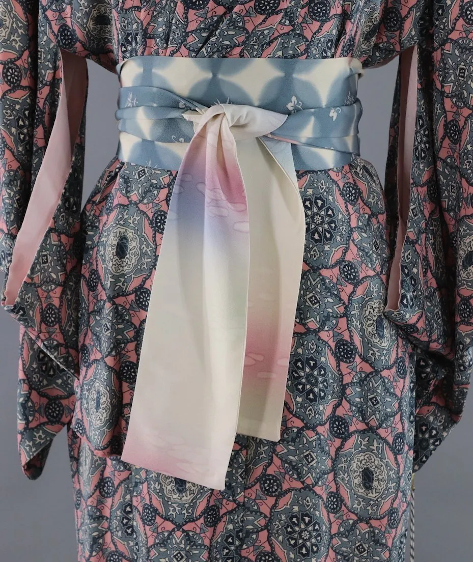 1940s Vintage Silk Kimono Robe / Pink & Grey Arabesque Print