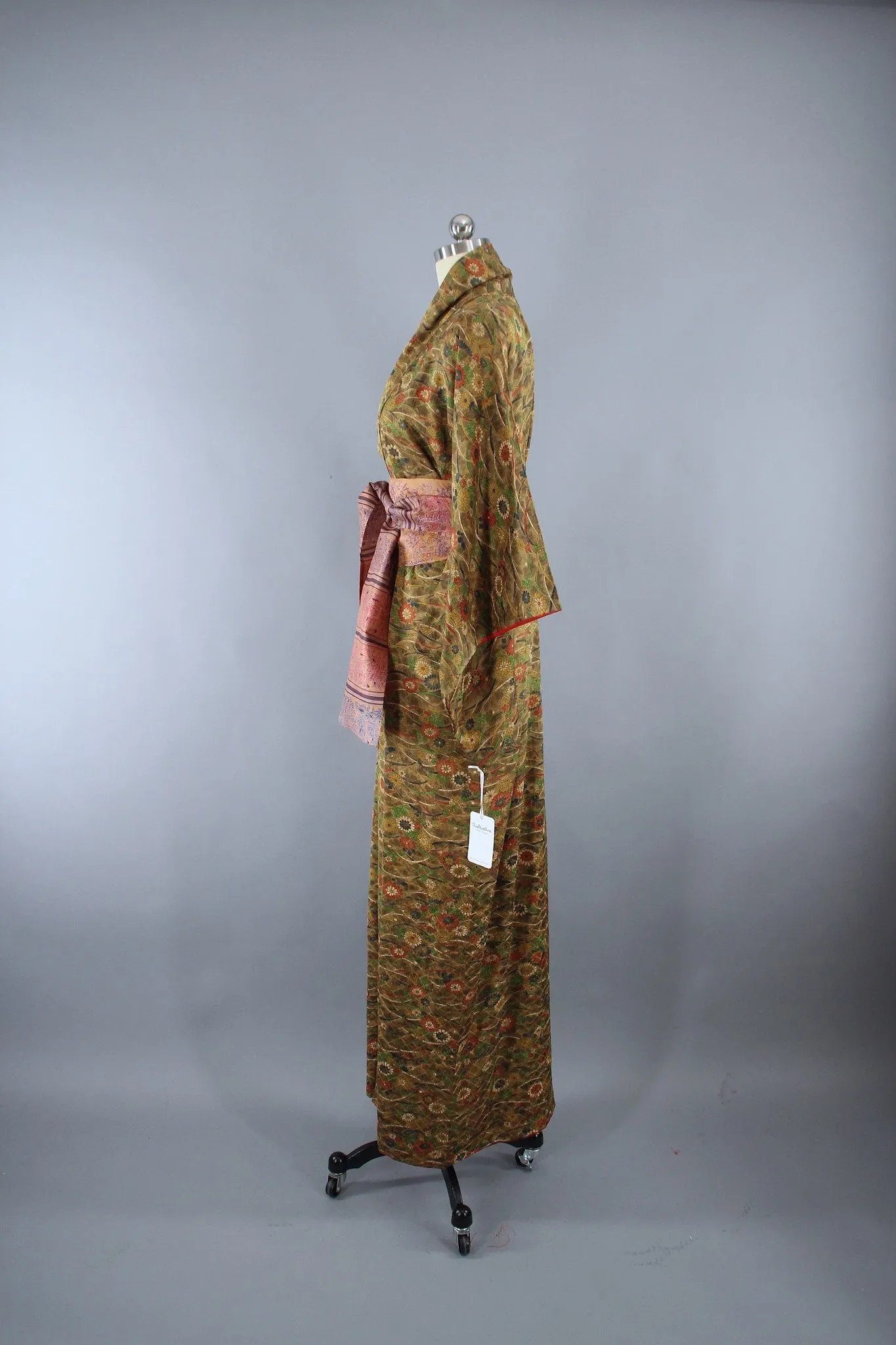 1950s Vintage Kimono Robe with Green & Brown Floral Print
