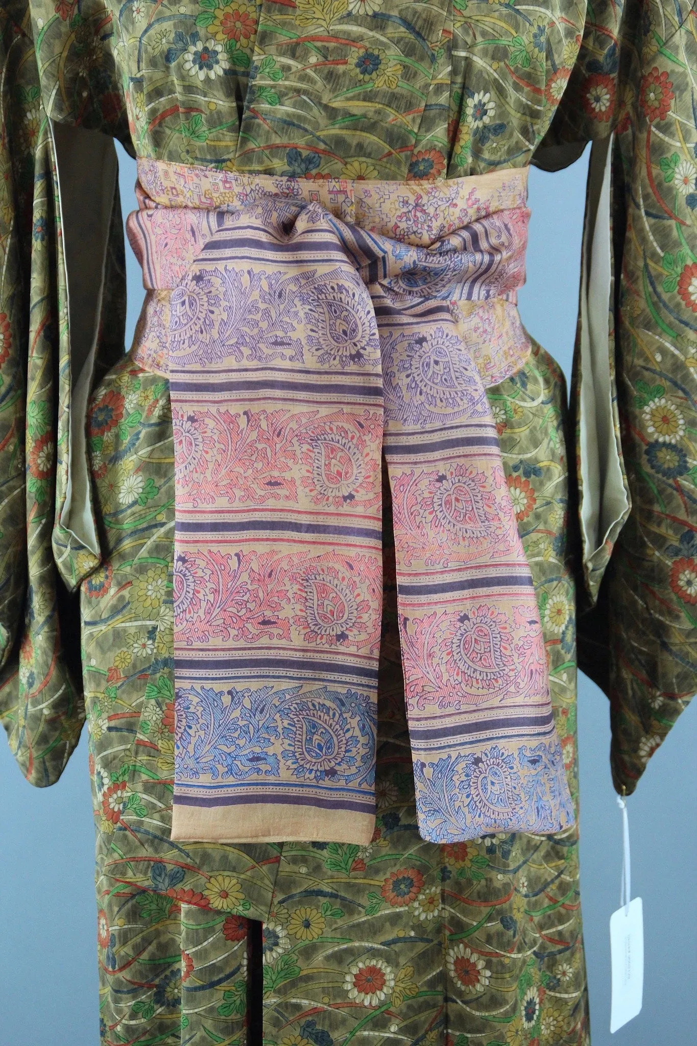 1950s Vintage Kimono Robe with Green & Brown Floral Print
