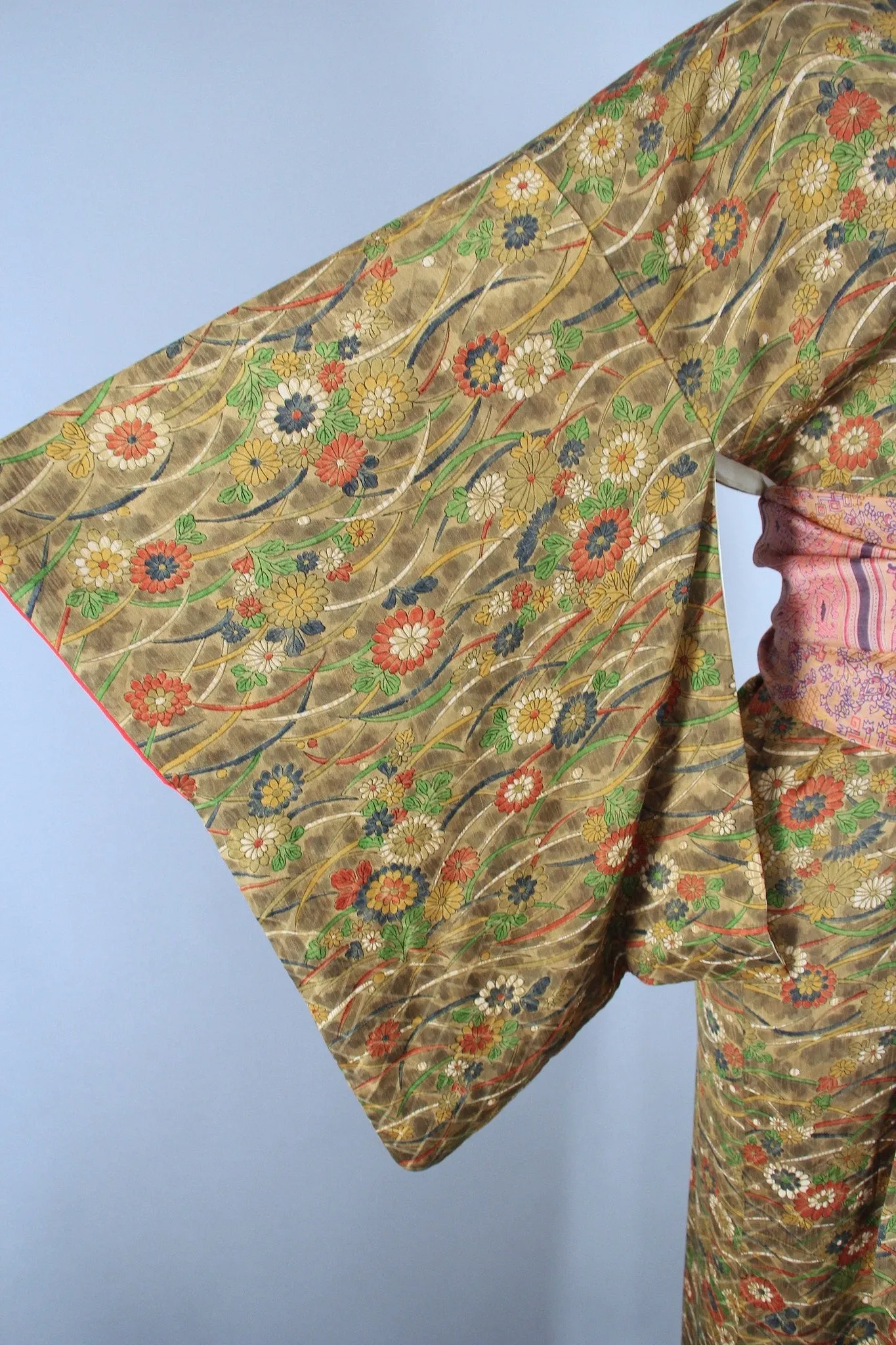 1950s Vintage Kimono Robe with Green & Brown Floral Print