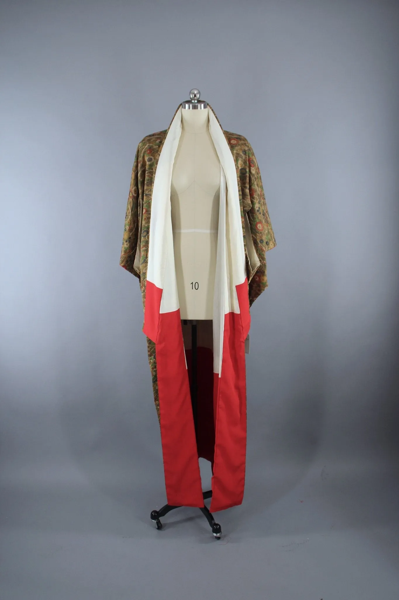 1950s Vintage Kimono Robe with Green & Brown Floral Print