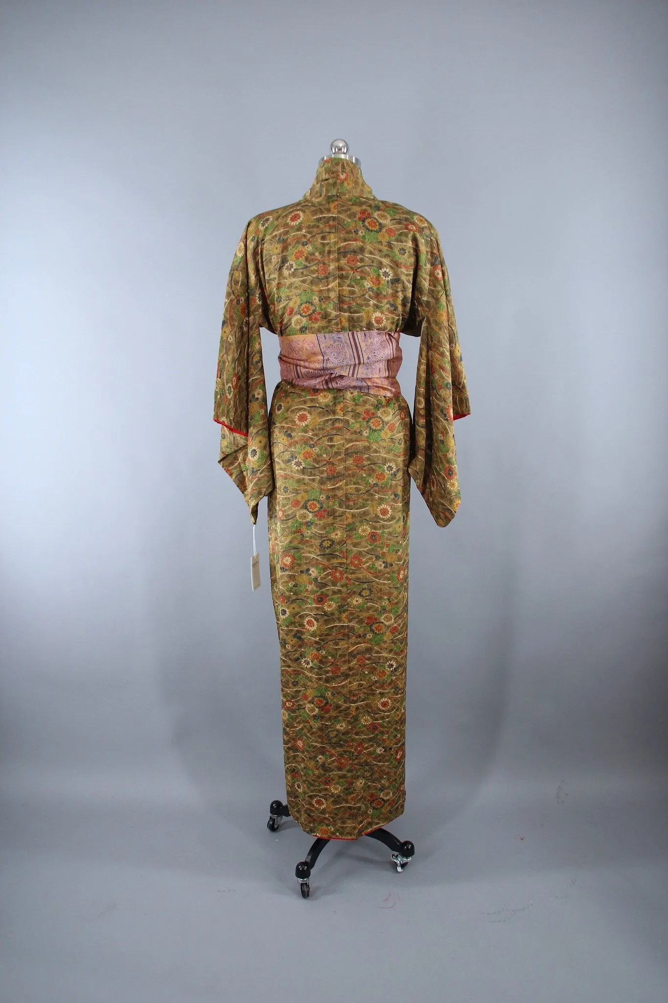 1950s Vintage Kimono Robe with Green & Brown Floral Print