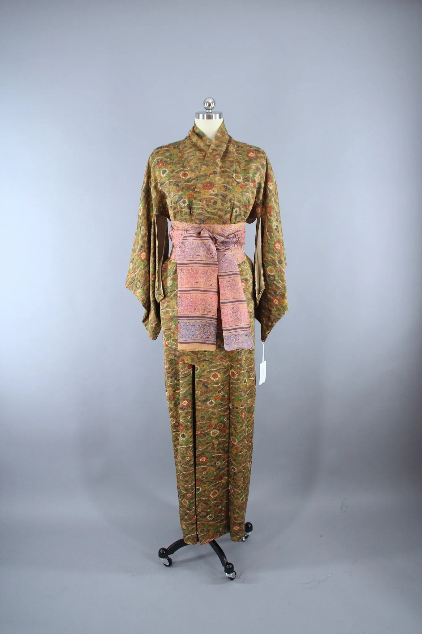1950s Vintage Kimono Robe with Green & Brown Floral Print
