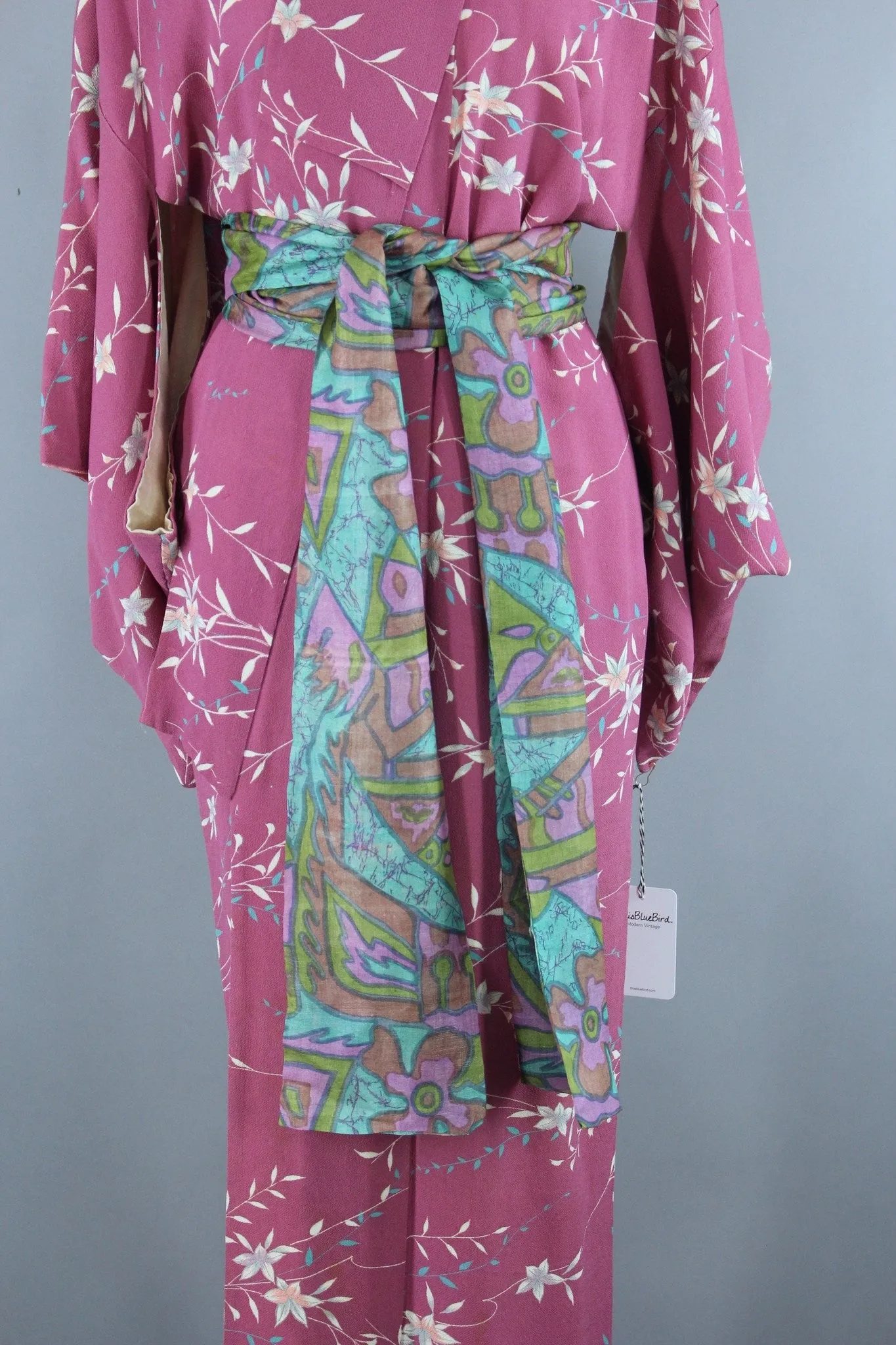 1950s Vintage Silk Kimono Robe / Orchid Pink Floral Print