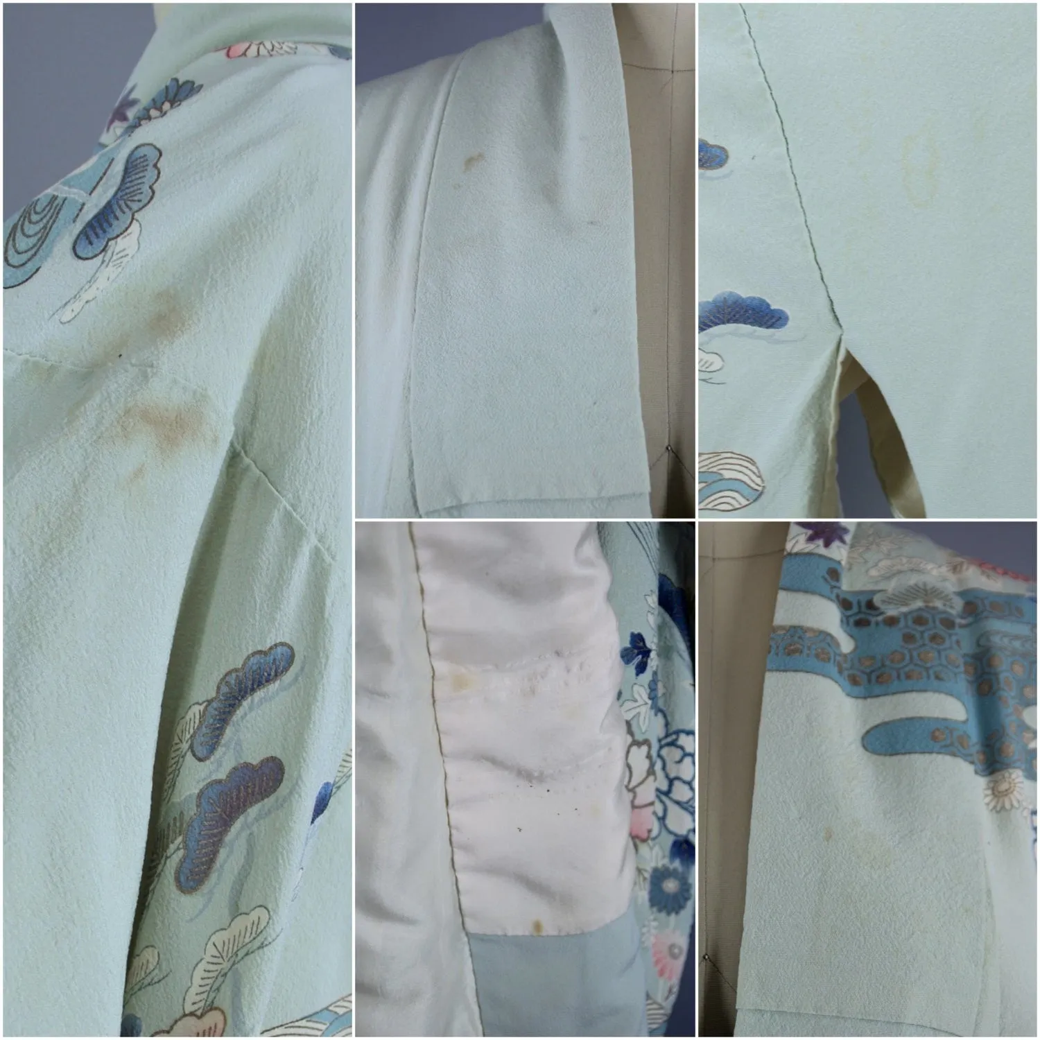 1950s Vintage Silk Kimono Robe /  Pale Blue Traditional Floral