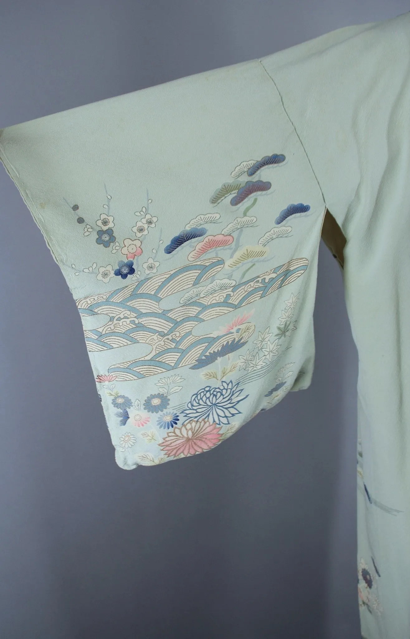 1950s Vintage Silk Kimono Robe /  Pale Blue Traditional Floral