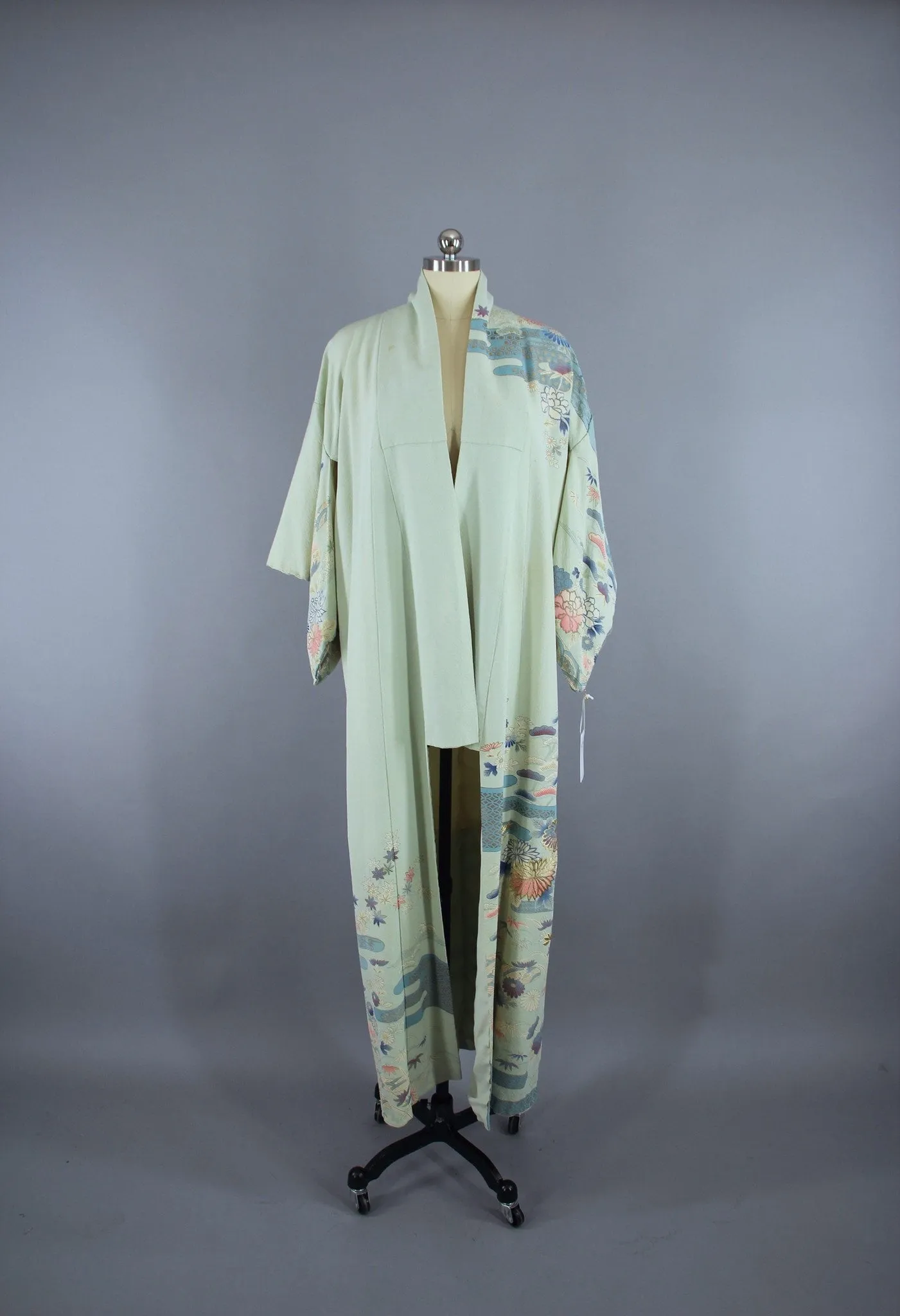 1950s Vintage Silk Kimono Robe /  Pale Blue Traditional Floral
