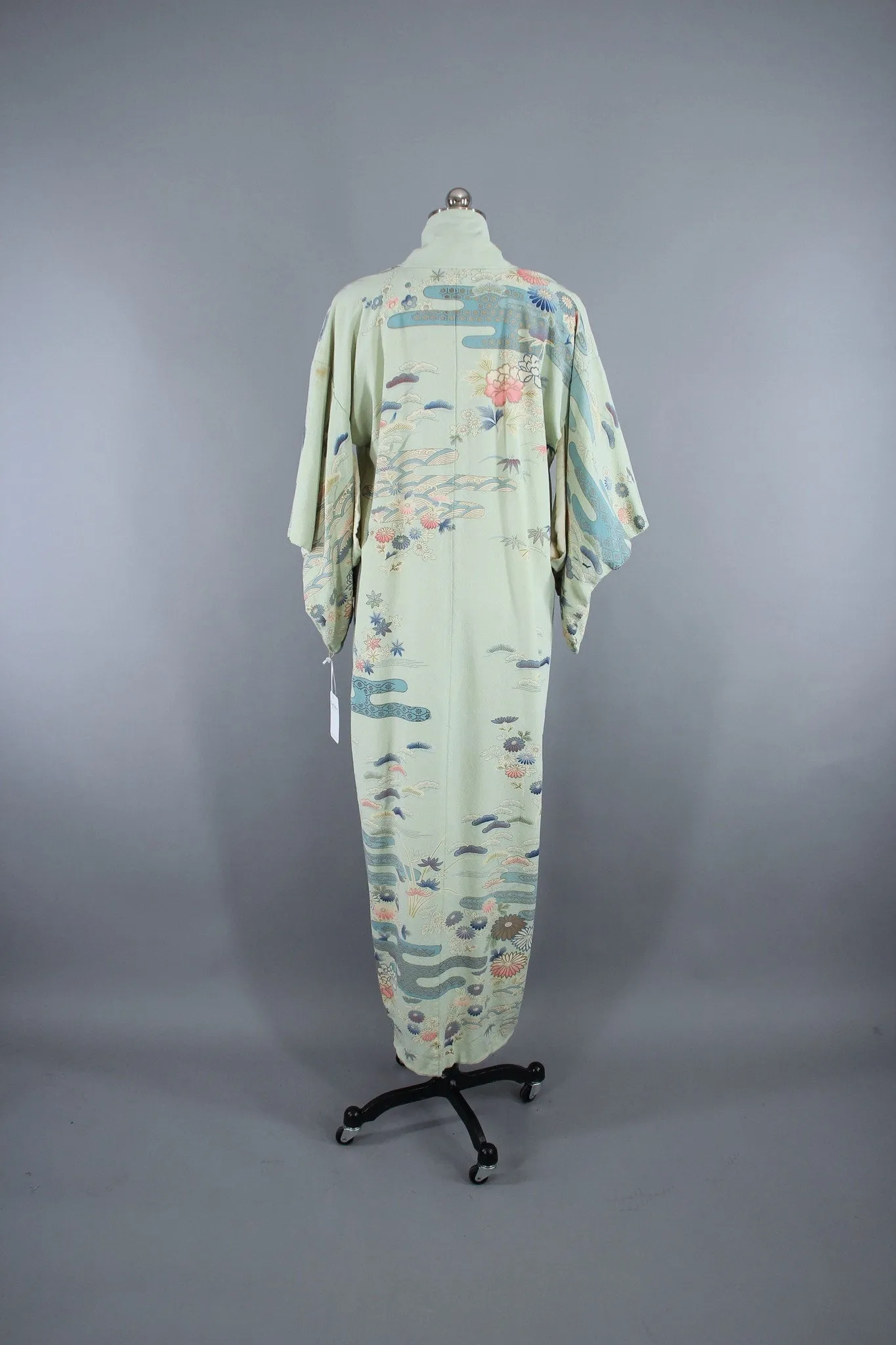 1950s Vintage Silk Kimono Robe /  Pale Blue Traditional Floral