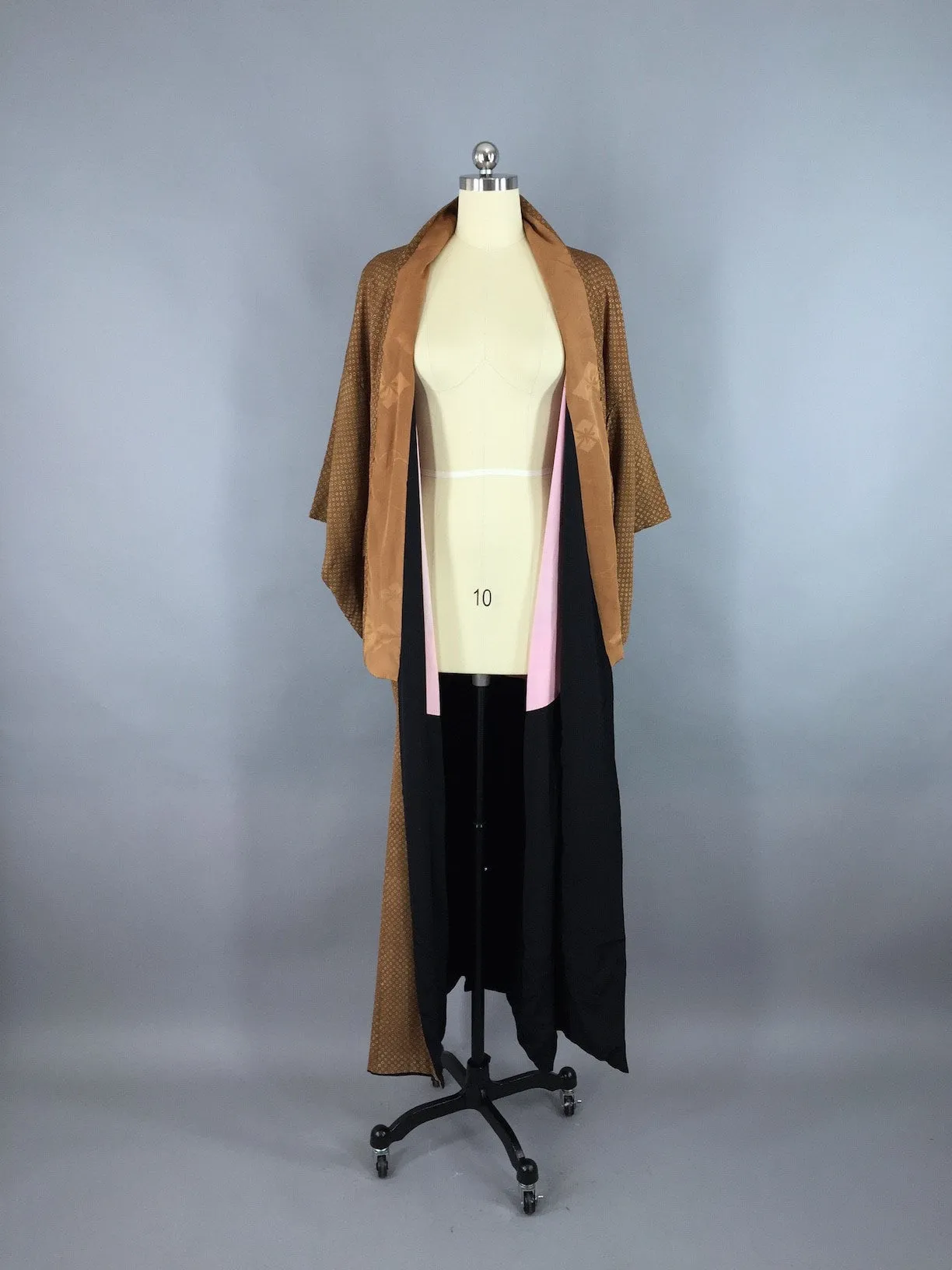 1950s Vintage Silk Kimono Robe / Tiny Brown & Maroon Floral Print