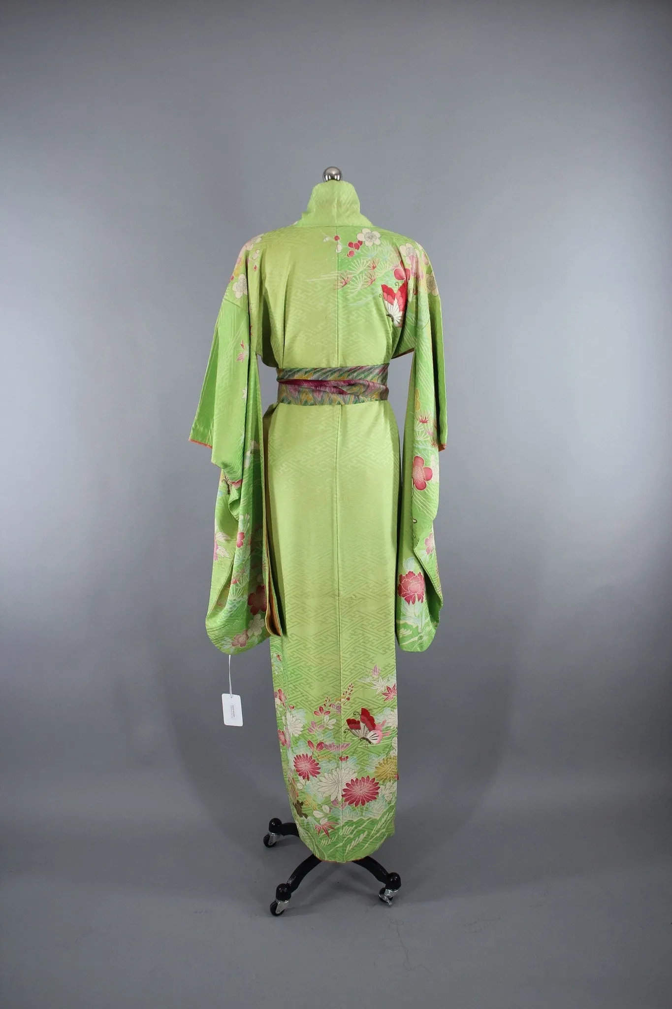 1960s Vintage Silk Kimono Robe Furisode / Embroidered Butterflies