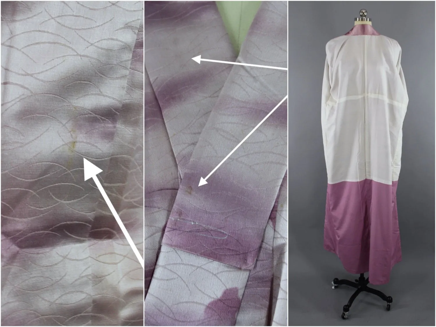 1960s Vintage Silk Kimono Robe in Orchid Pink Lavender Ombre Clouds