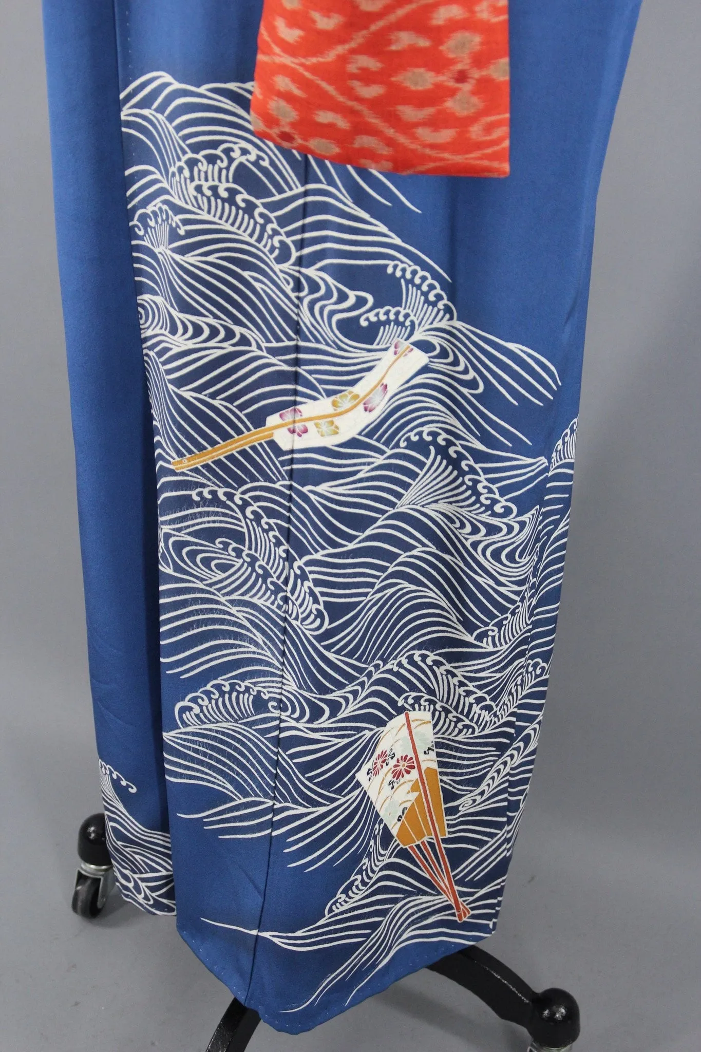 1960s Vintage Silk Kimono Robe with Blue Waves