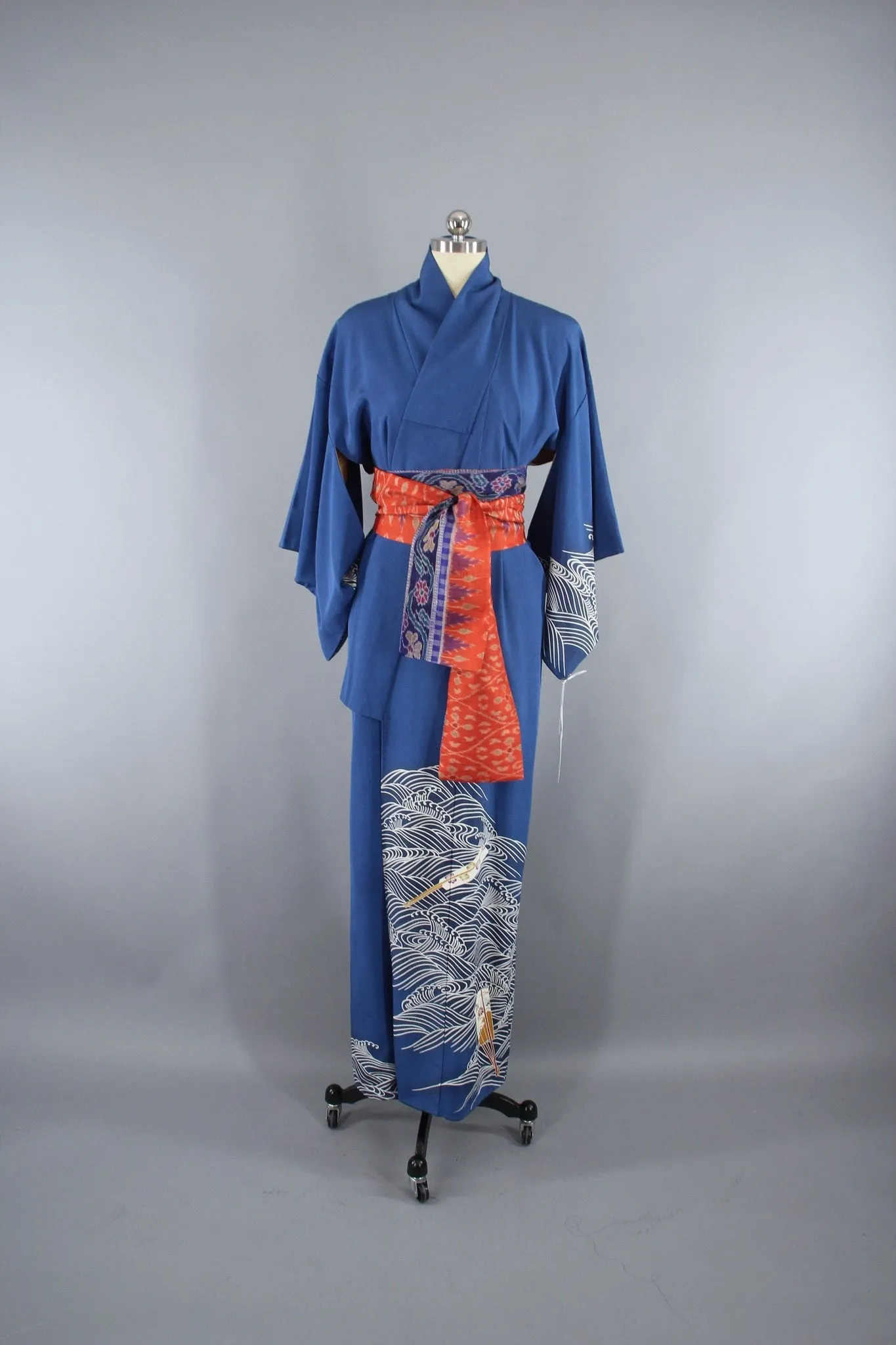 1960s Vintage Silk Kimono Robe with Blue Waves