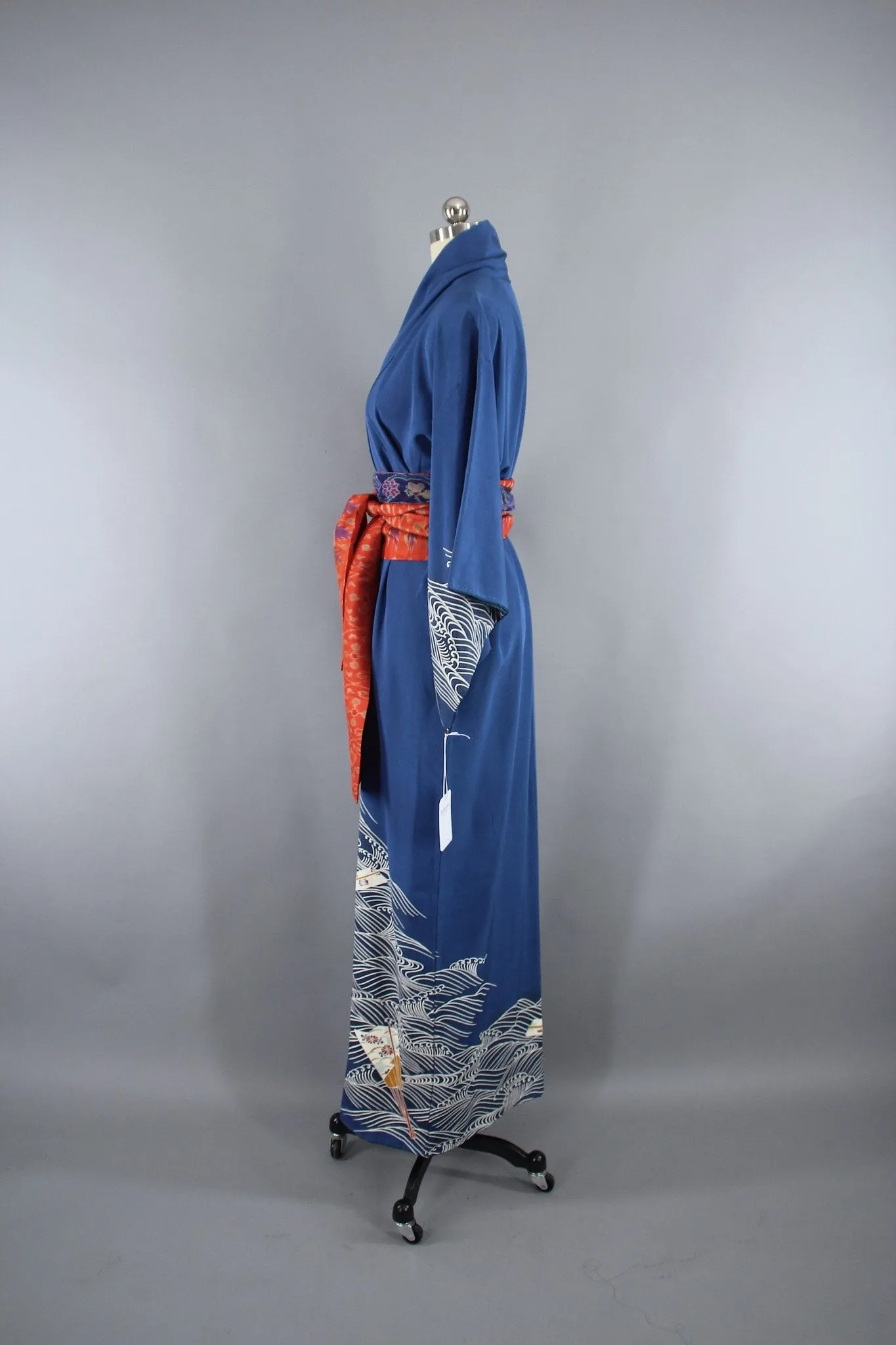 1960s Vintage Silk Kimono Robe with Blue Waves