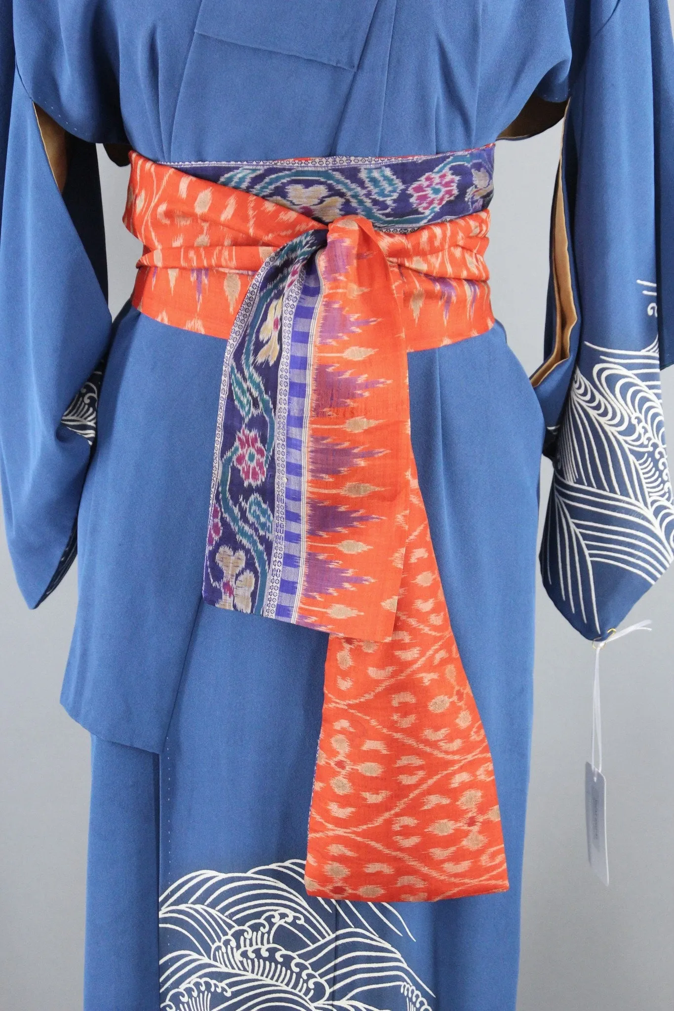 1960s Vintage Silk Kimono Robe with Blue Waves