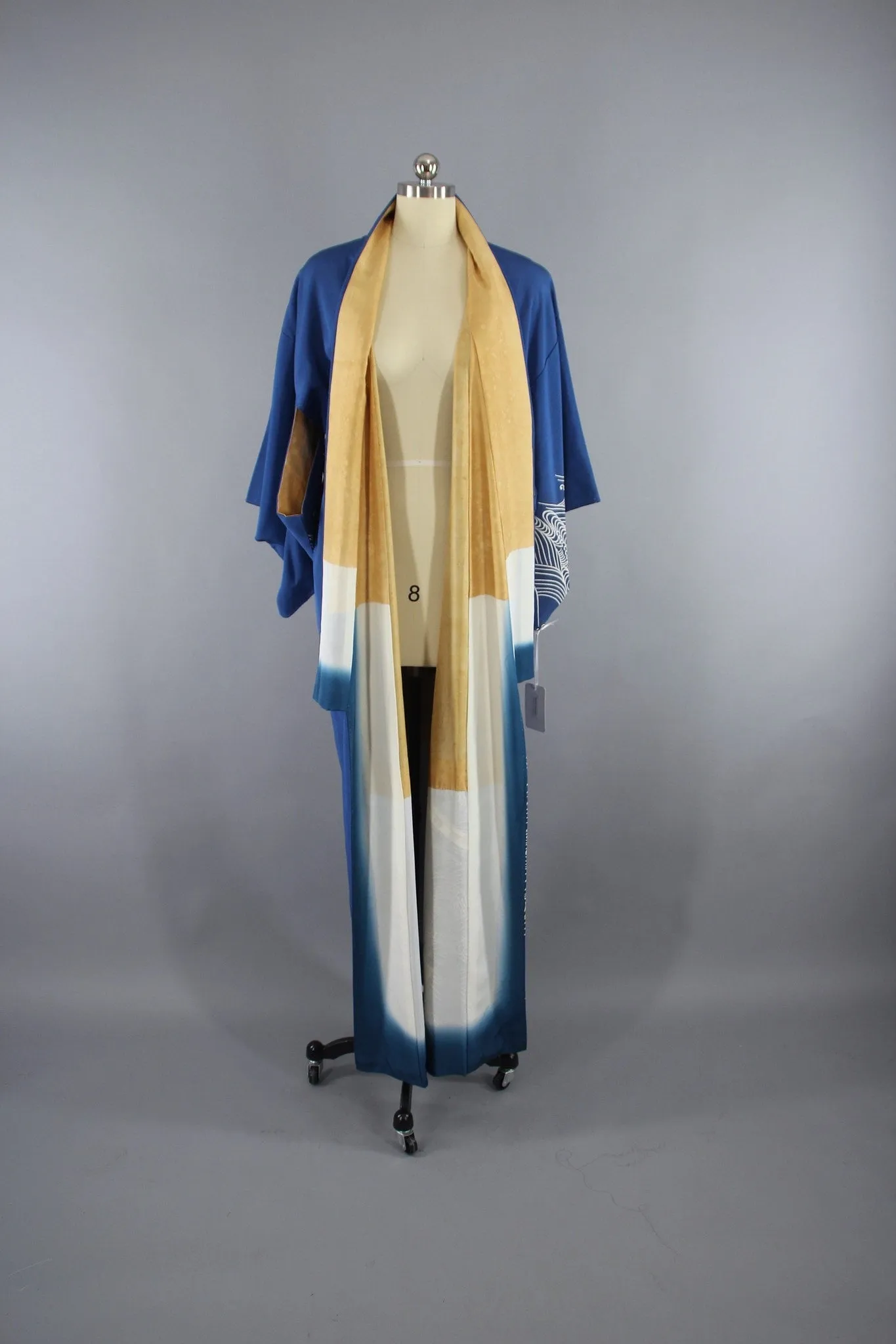 1960s Vintage Silk Kimono Robe with Blue Waves