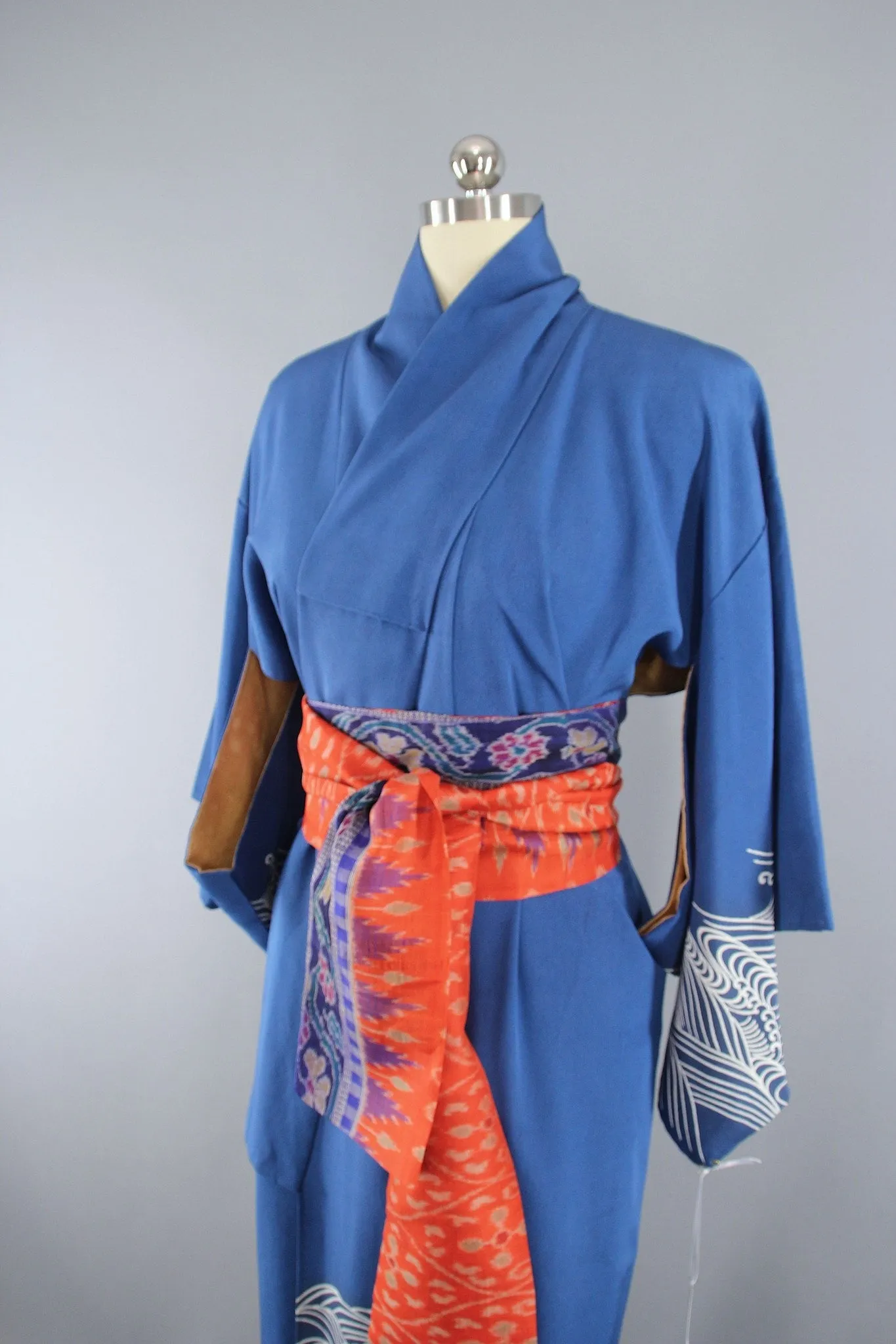 1960s Vintage Silk Kimono Robe with Blue Waves