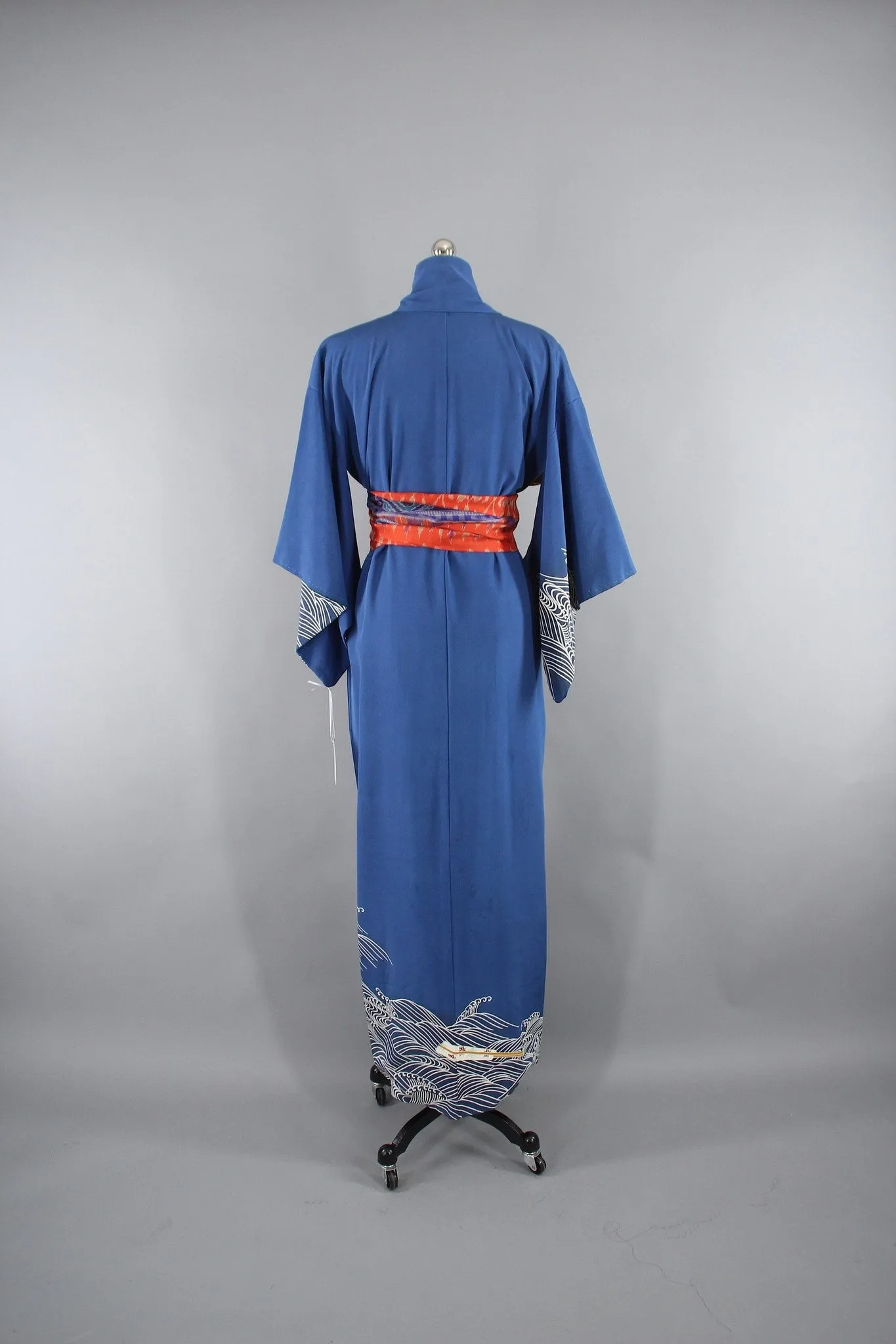 1960s Vintage Silk Kimono Robe with Blue Waves