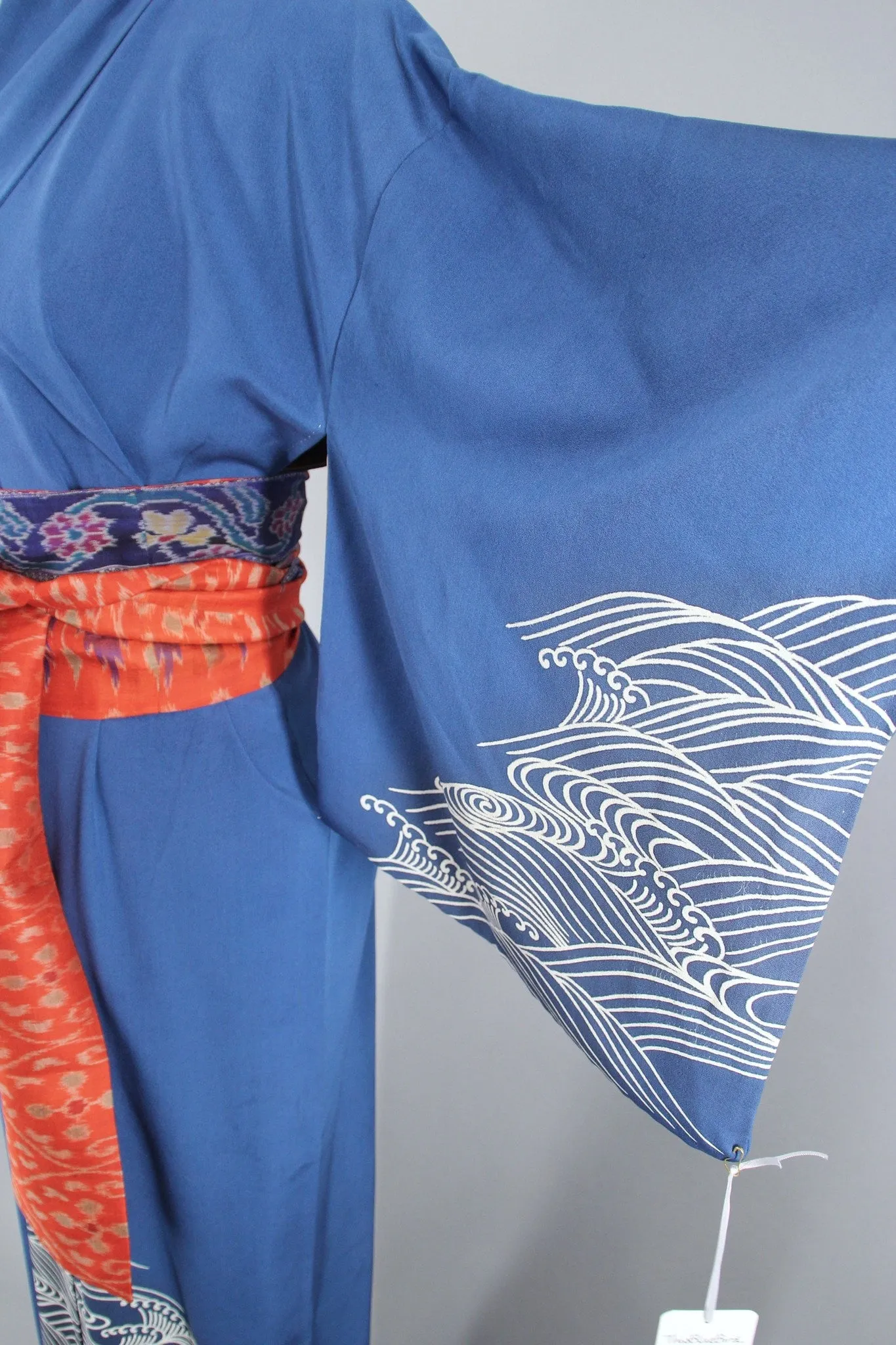 1960s Vintage Silk Kimono Robe with Blue Waves