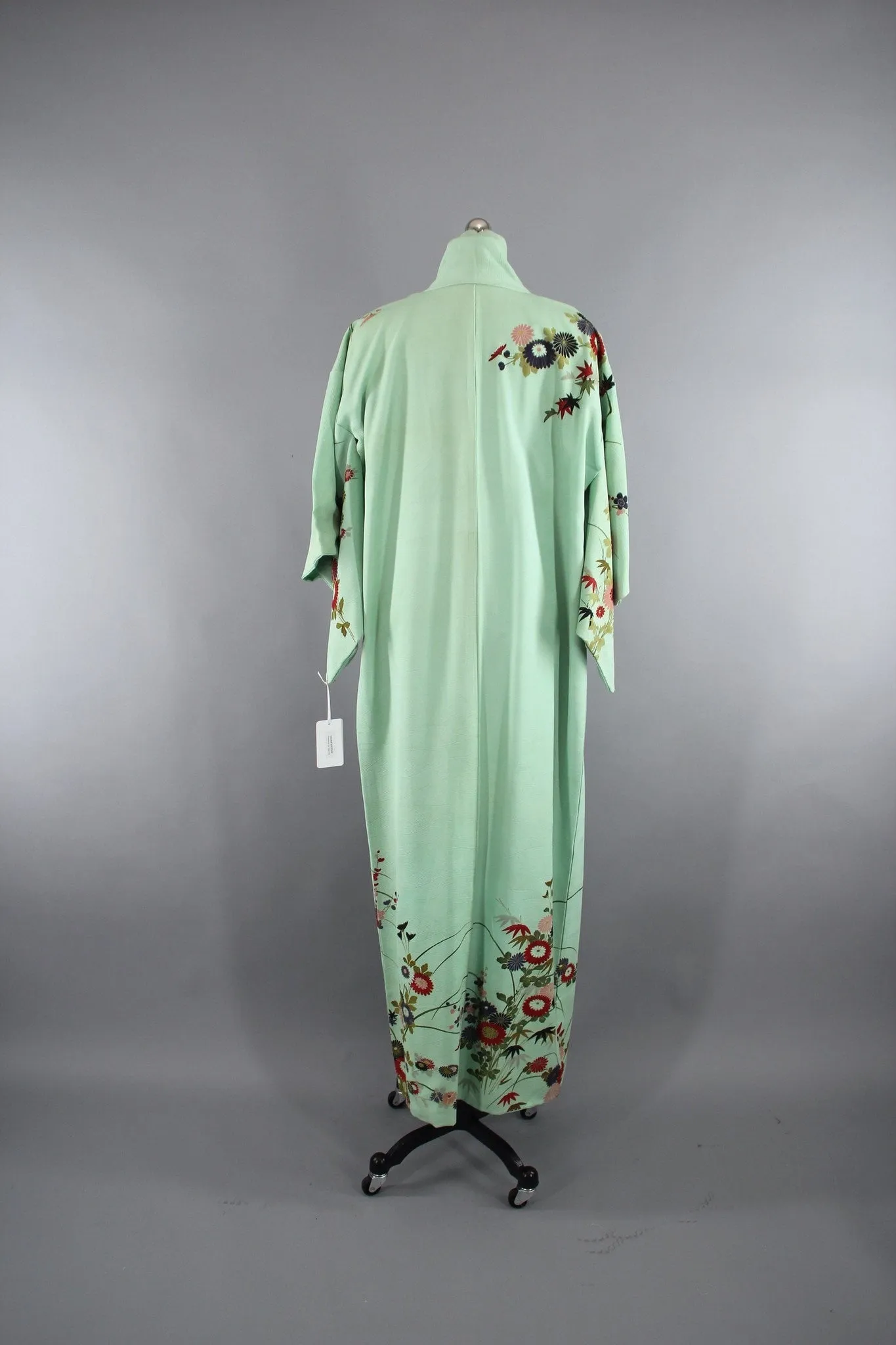 1960s Vintage Silk Kimono Robe with Mint Green Floral Print