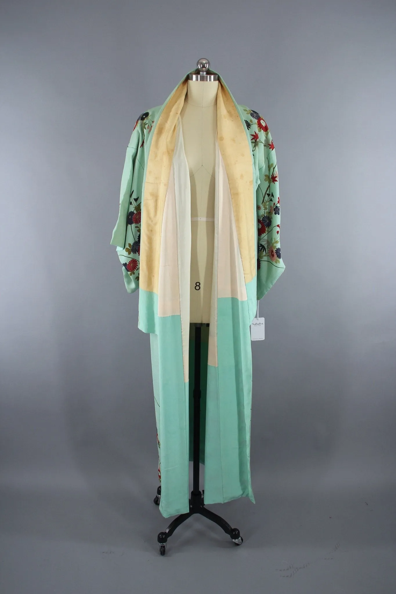 1960s Vintage Silk Kimono Robe with Mint Green Floral Print