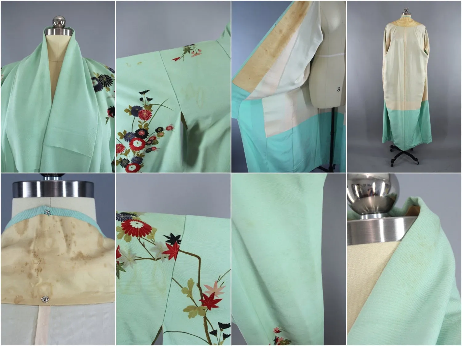 1960s Vintage Silk Kimono Robe with Mint Green Floral Print