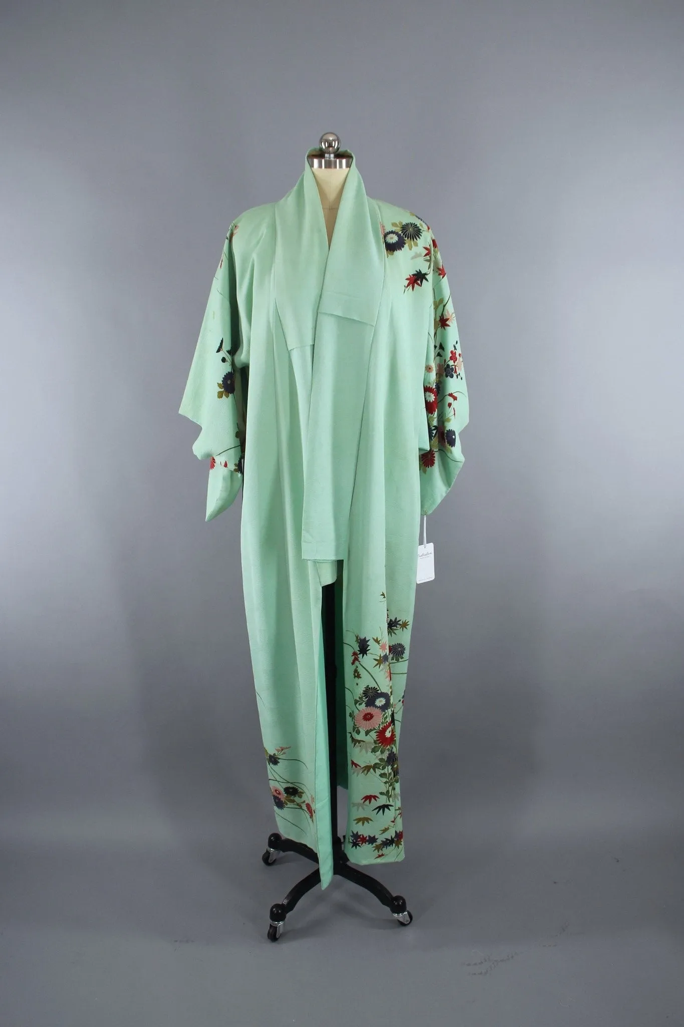 1960s Vintage Silk Kimono Robe with Mint Green Floral Print
