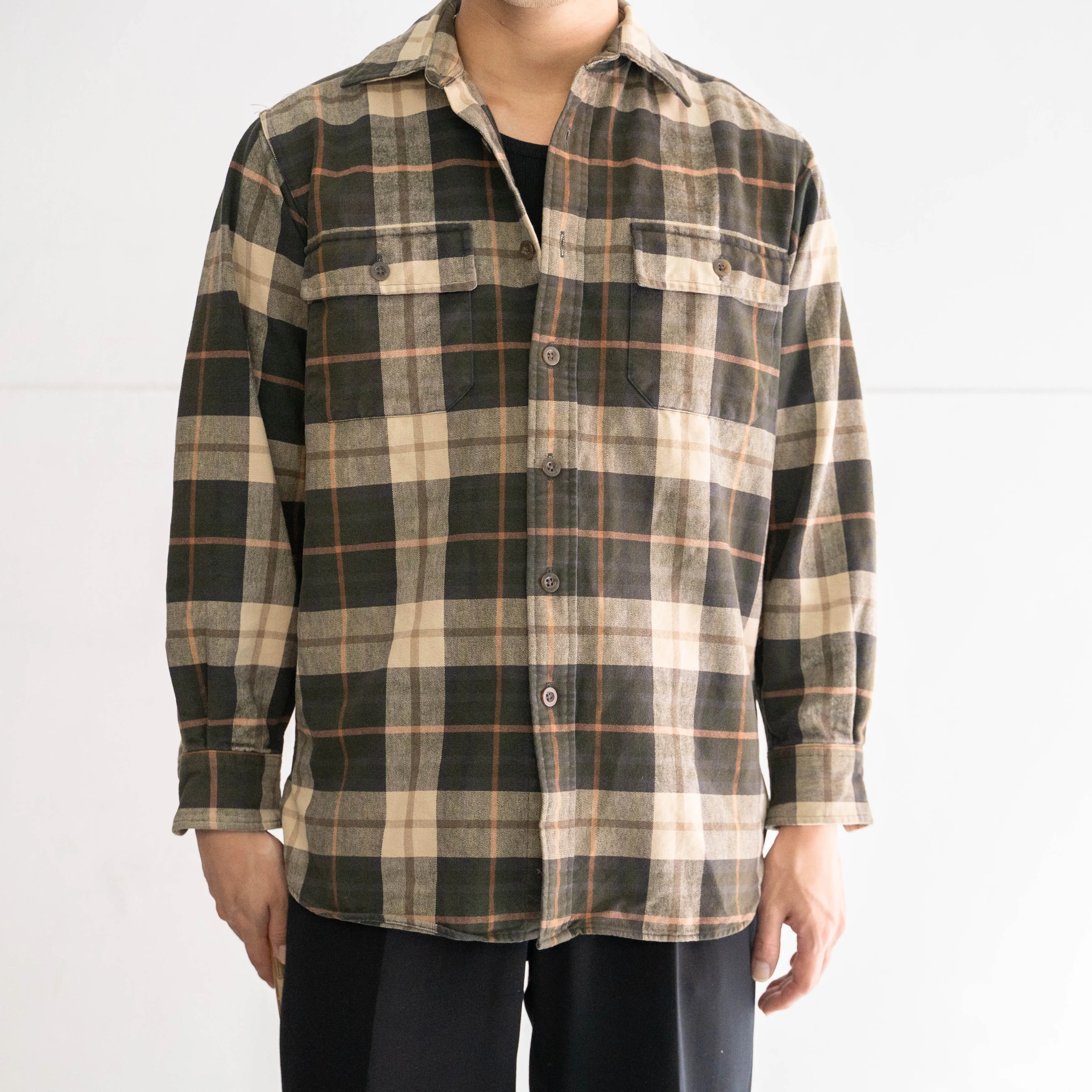 1990s LL Bean green base check cotton flannel shirt