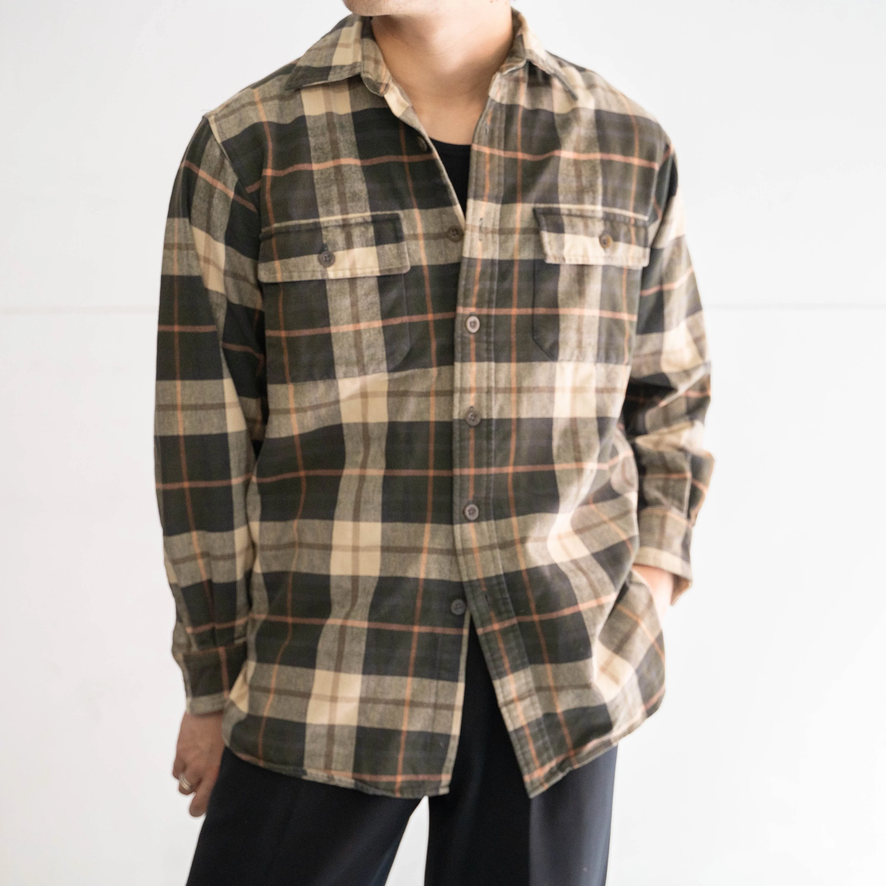 1990s LL Bean green base check cotton flannel shirt