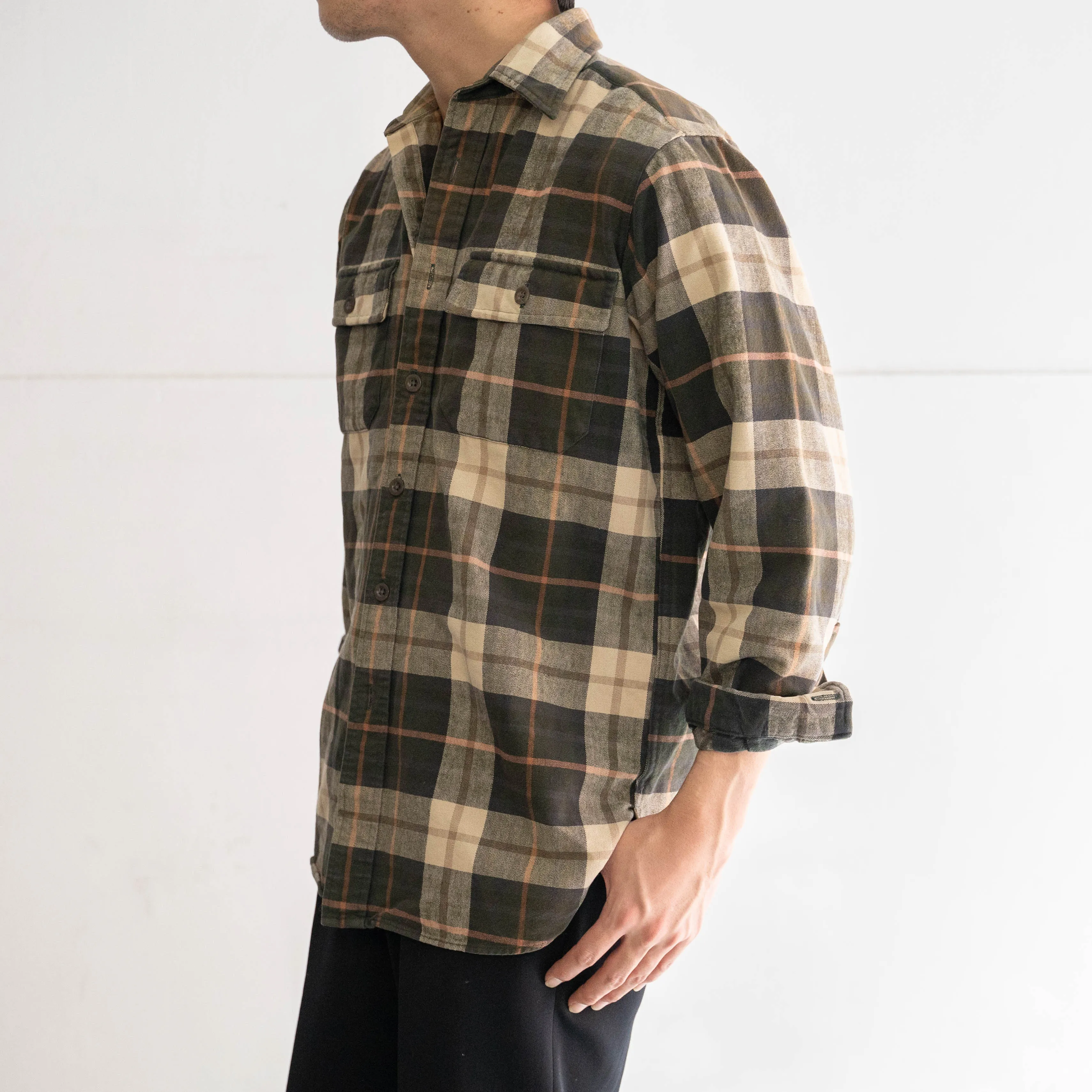 1990s LL Bean green base check cotton flannel shirt
