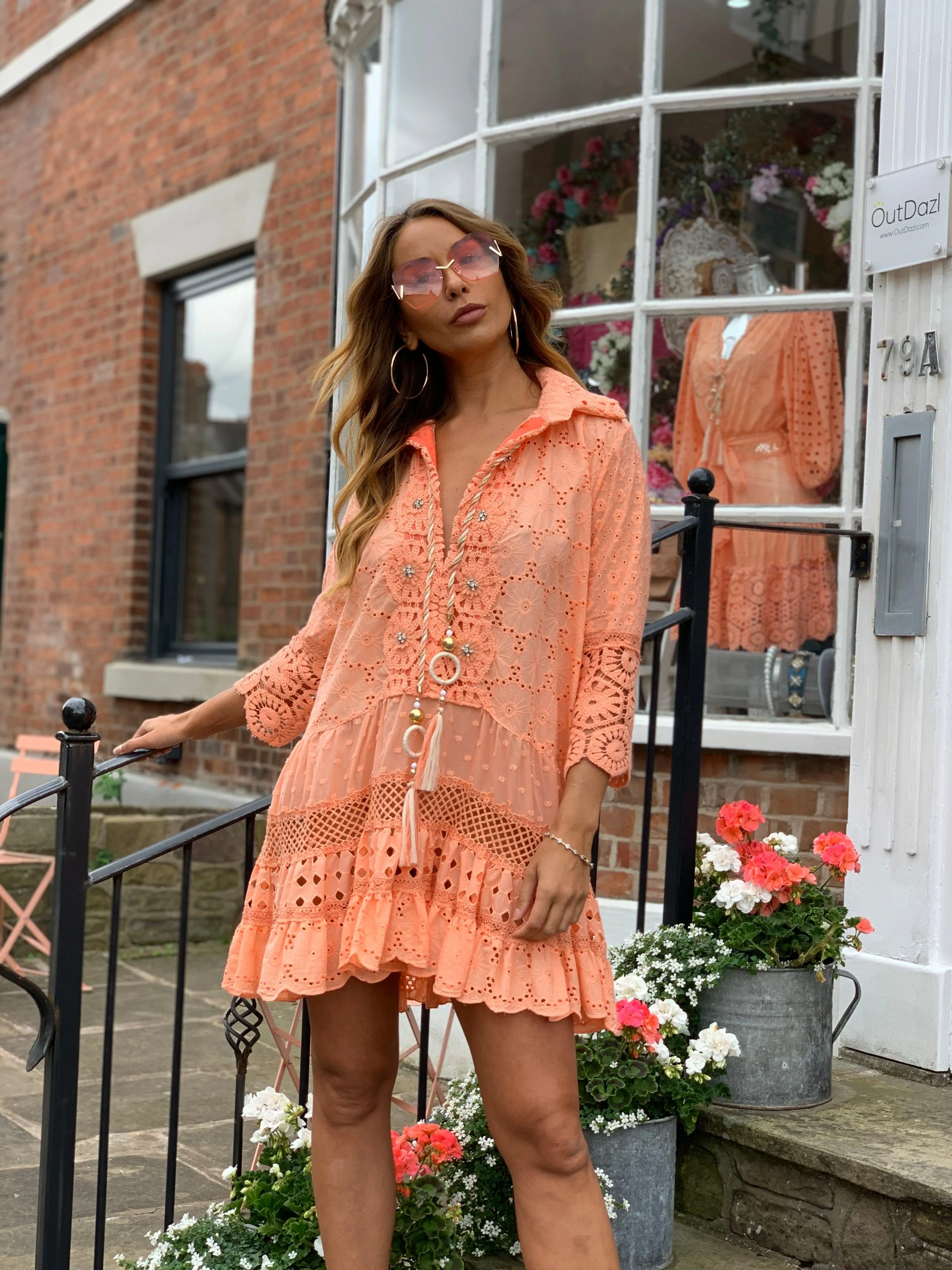 Broderie Anglais tunic dress Oasis in Neon Coral