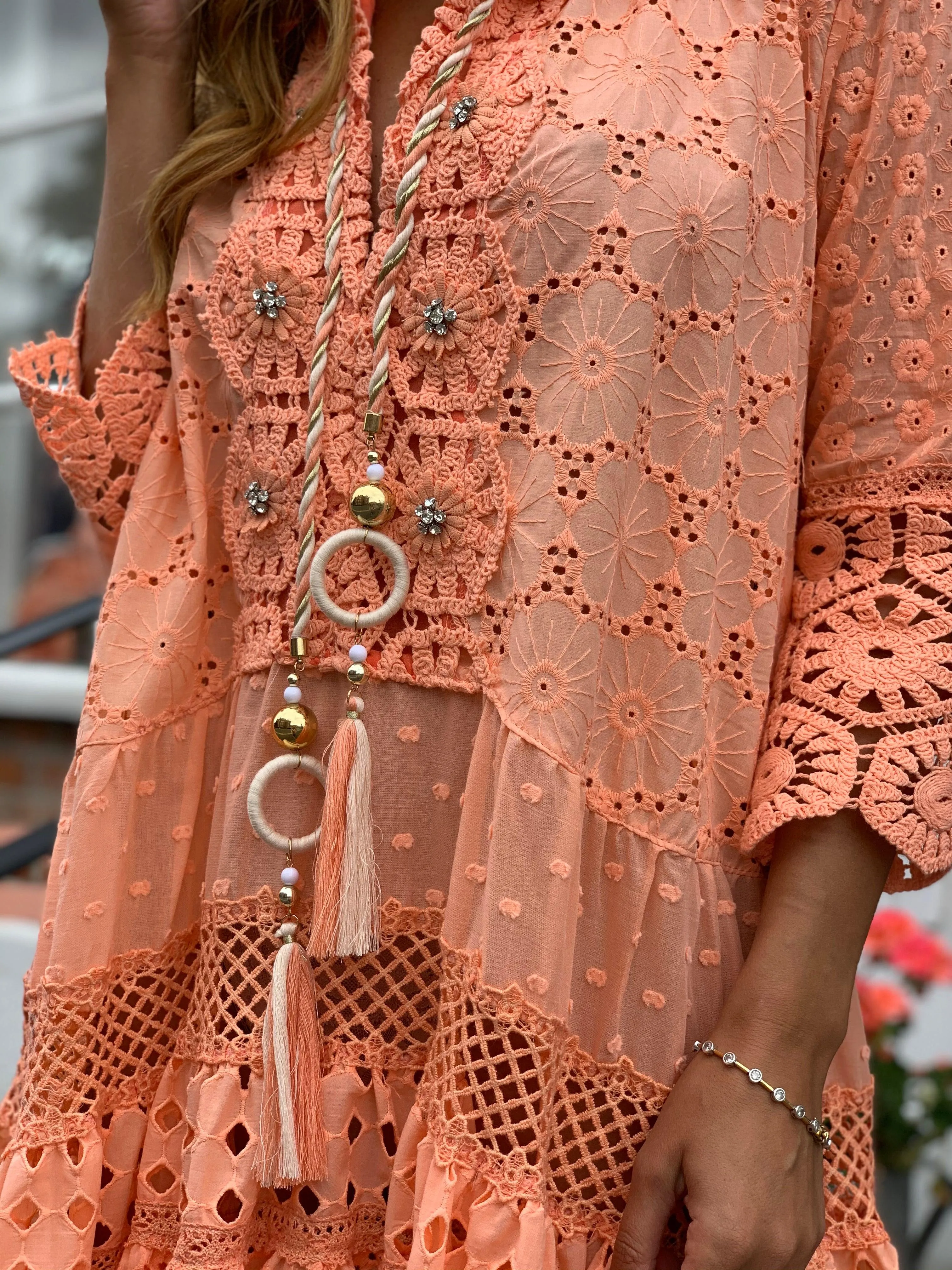 Broderie Anglais tunic dress Oasis in Neon Coral