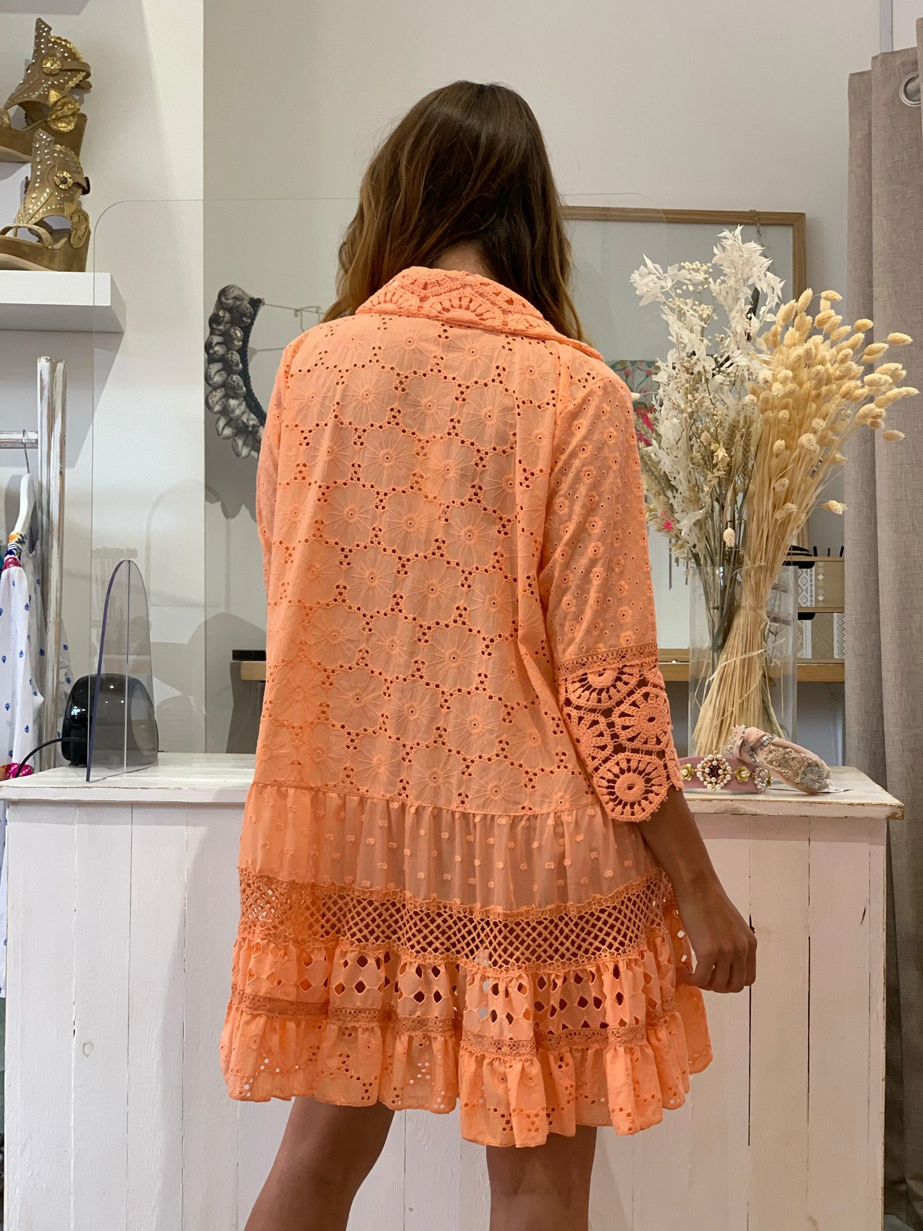 Broderie Anglais tunic dress Oasis in Neon Coral