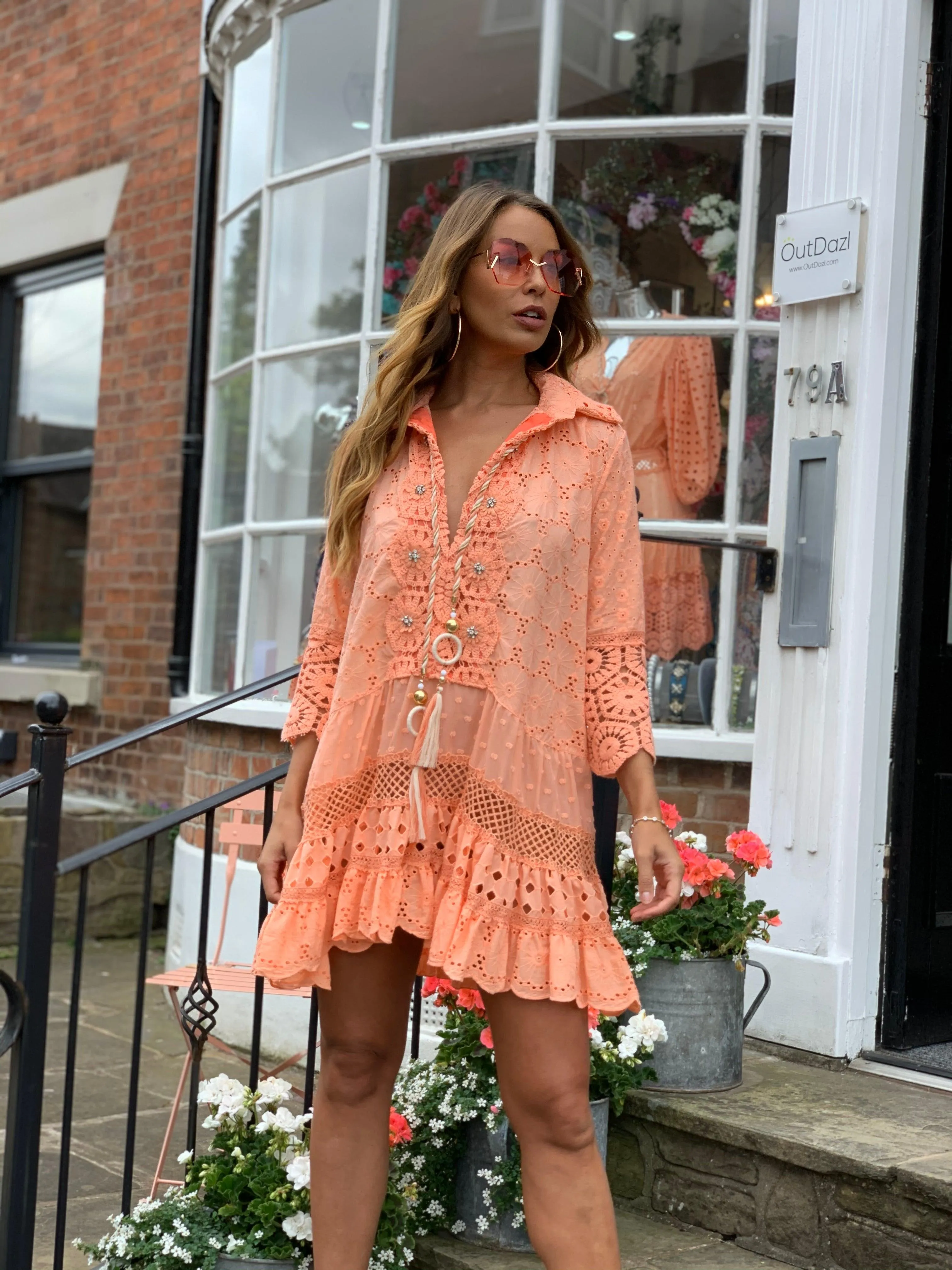 Broderie Anglais tunic dress Oasis in Neon Coral