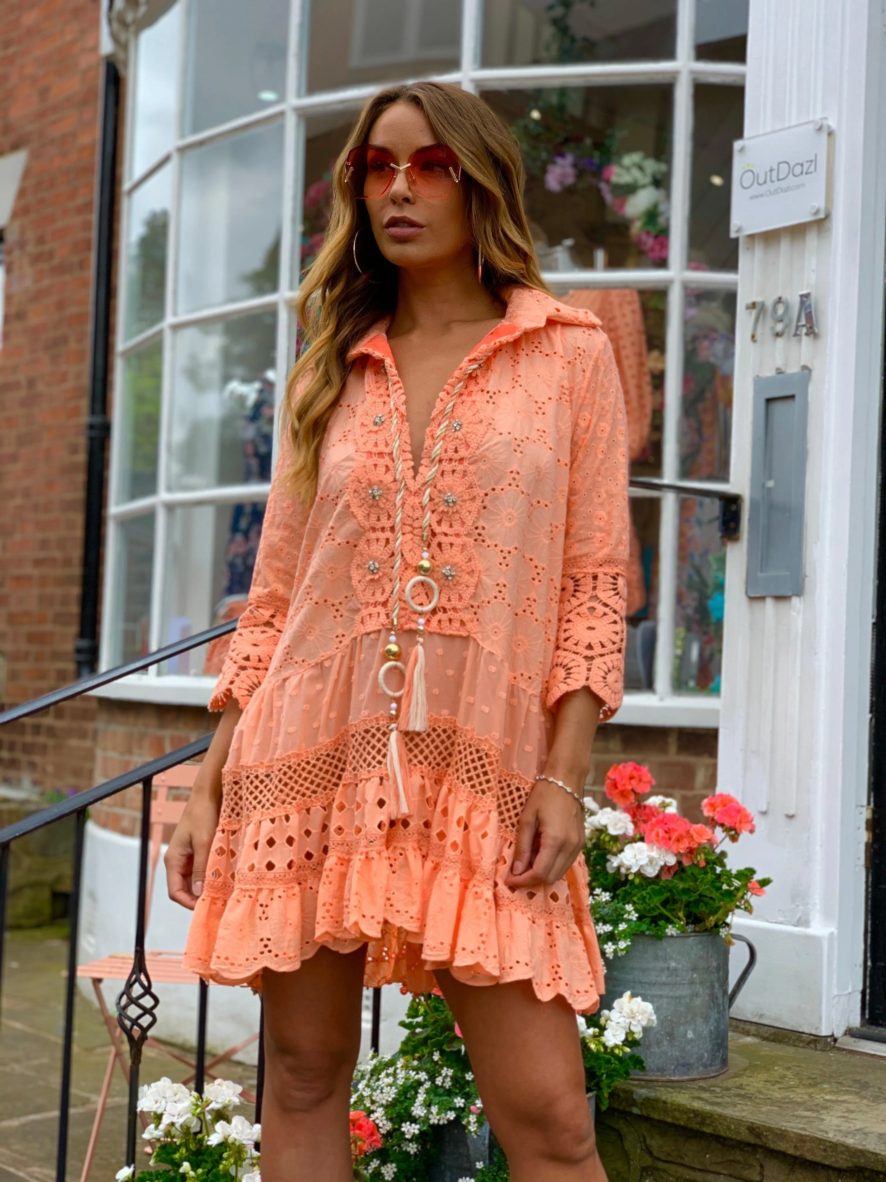 Broderie Anglais tunic dress Oasis in Neon Coral