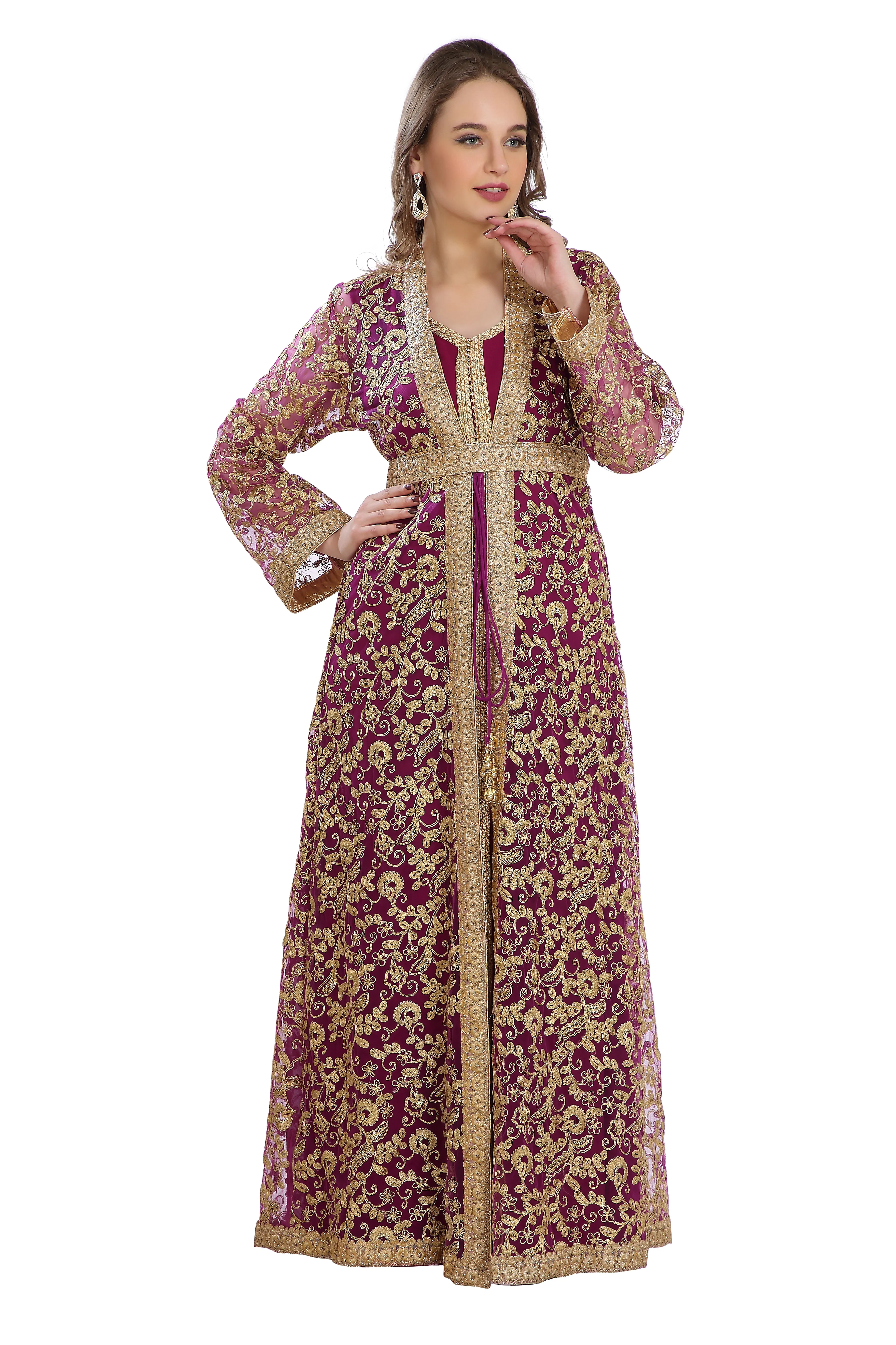 French Cardigan Oriental Wedding Robe With Golden Embroidery Work