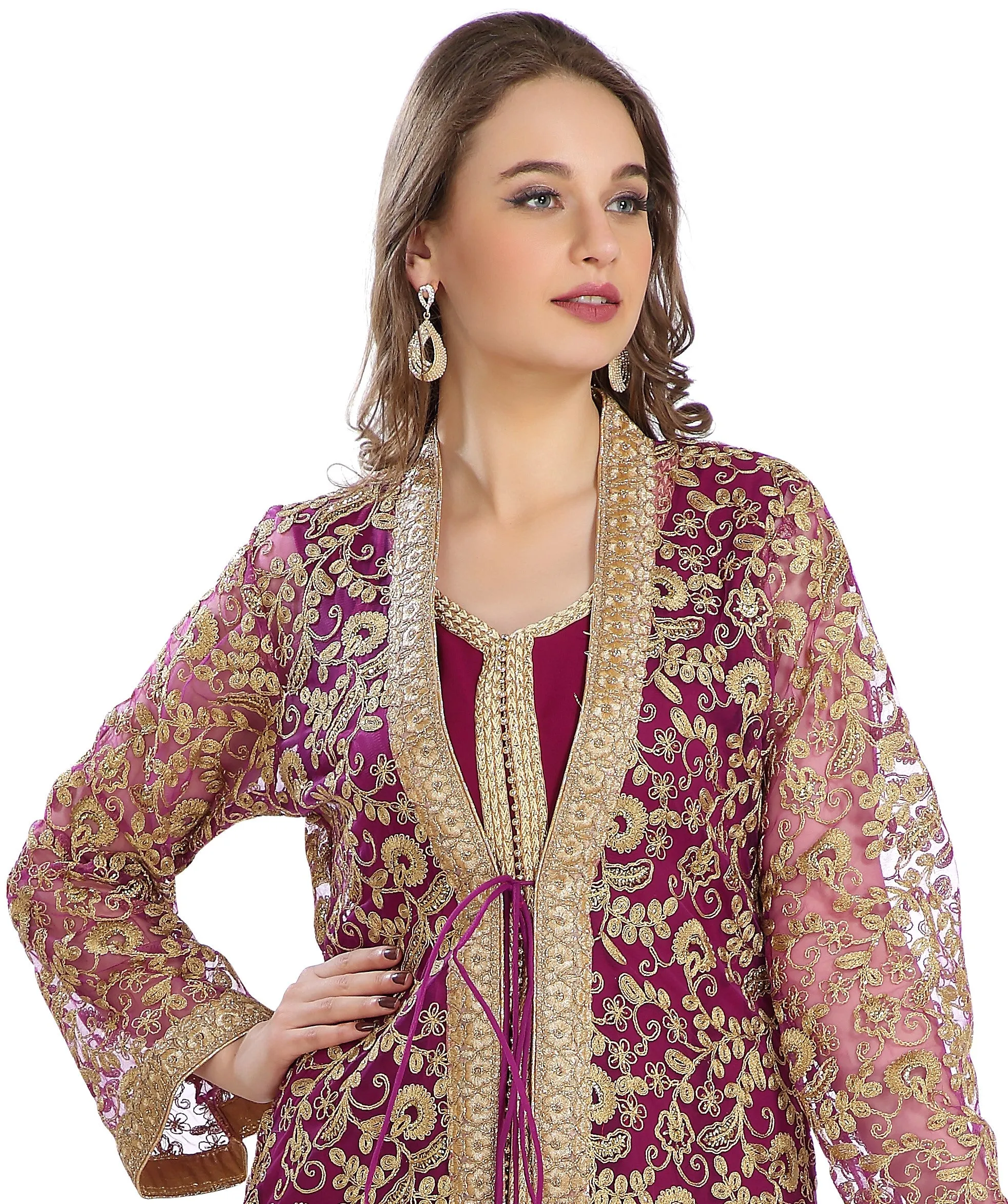 French Cardigan Oriental Wedding Robe With Golden Embroidery Work