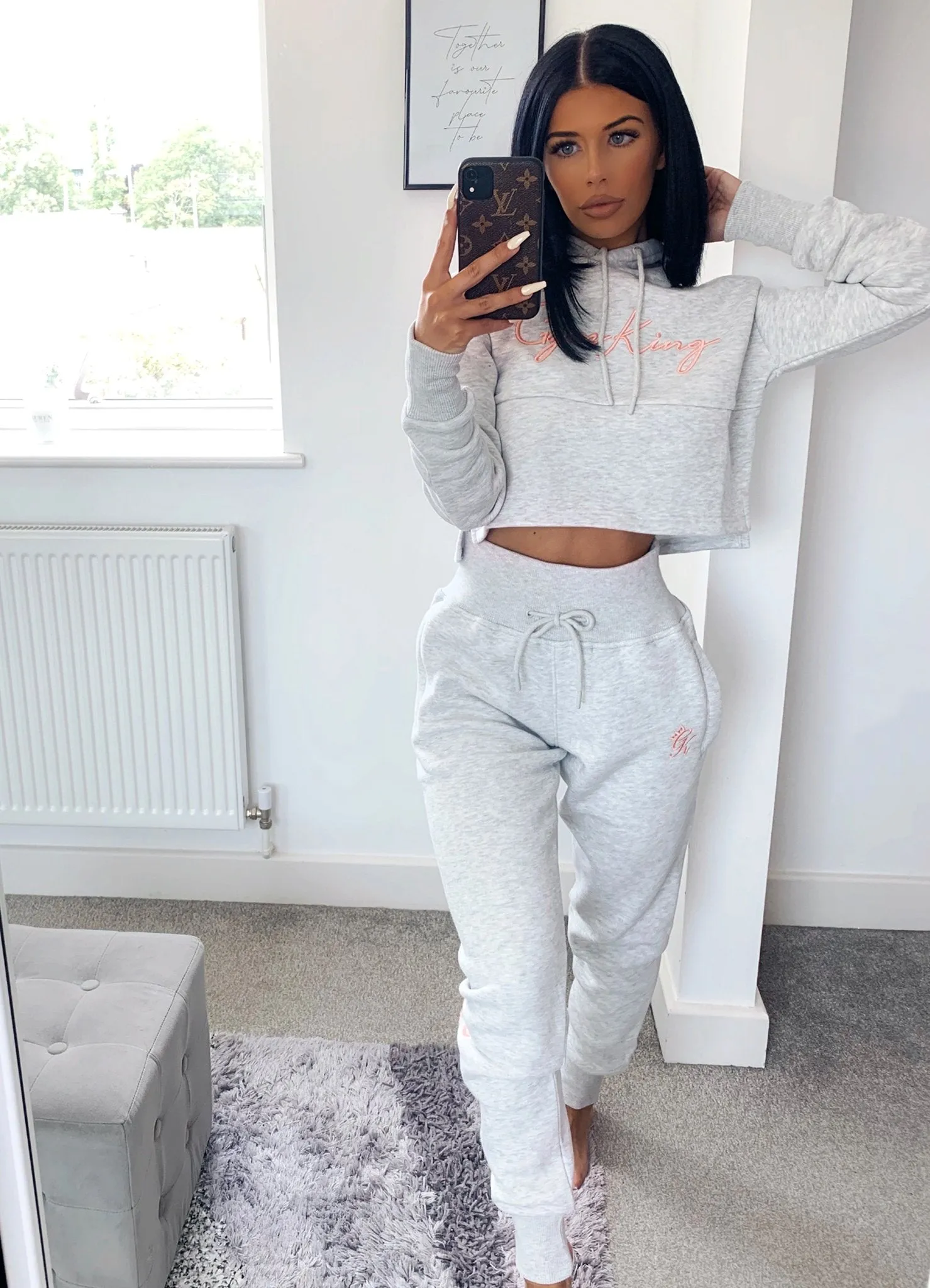 Gym King Sky Script Hoodie - Grey Marl/Pink