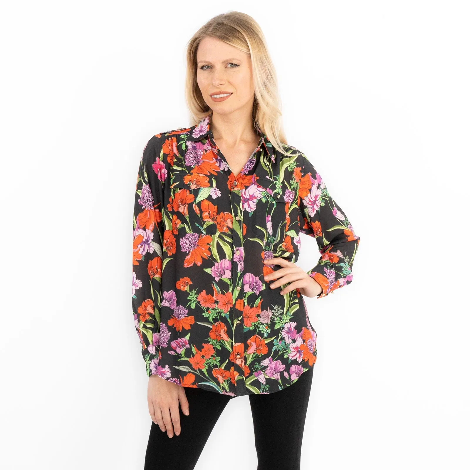 Karen Millen Black Floral Satin Long Sleeve Button-Up Shirts