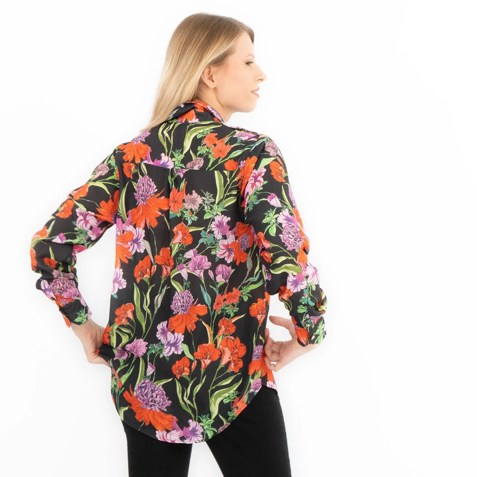 Karen Millen Black Floral Satin Long Sleeve Button-Up Shirts