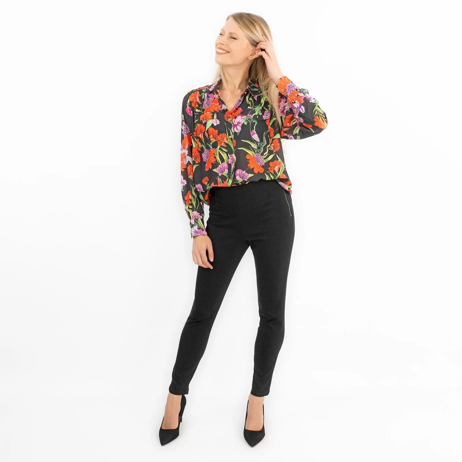 Karen Millen Black Floral Satin Long Sleeve Button-Up Shirts