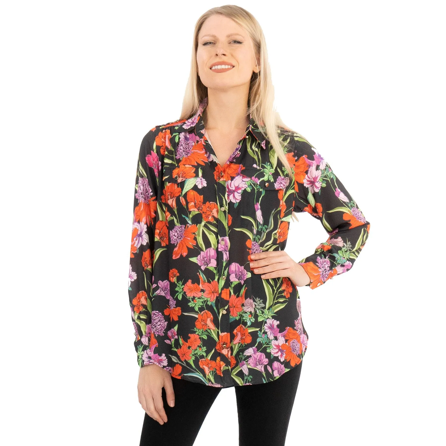 Karen Millen Black Floral Satin Long Sleeve Button-Up Shirts