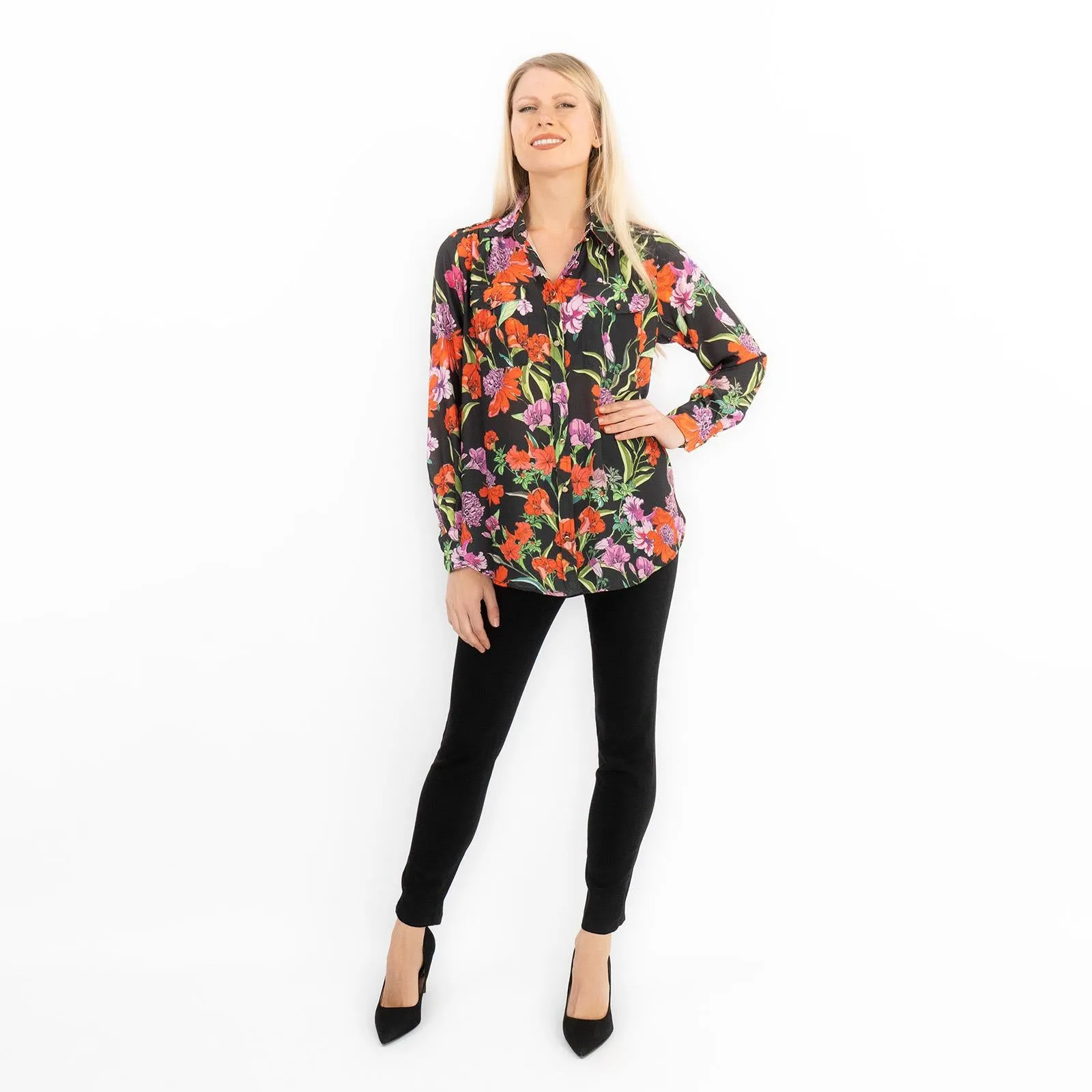 Karen Millen Black Floral Satin Long Sleeve Button-Up Shirts