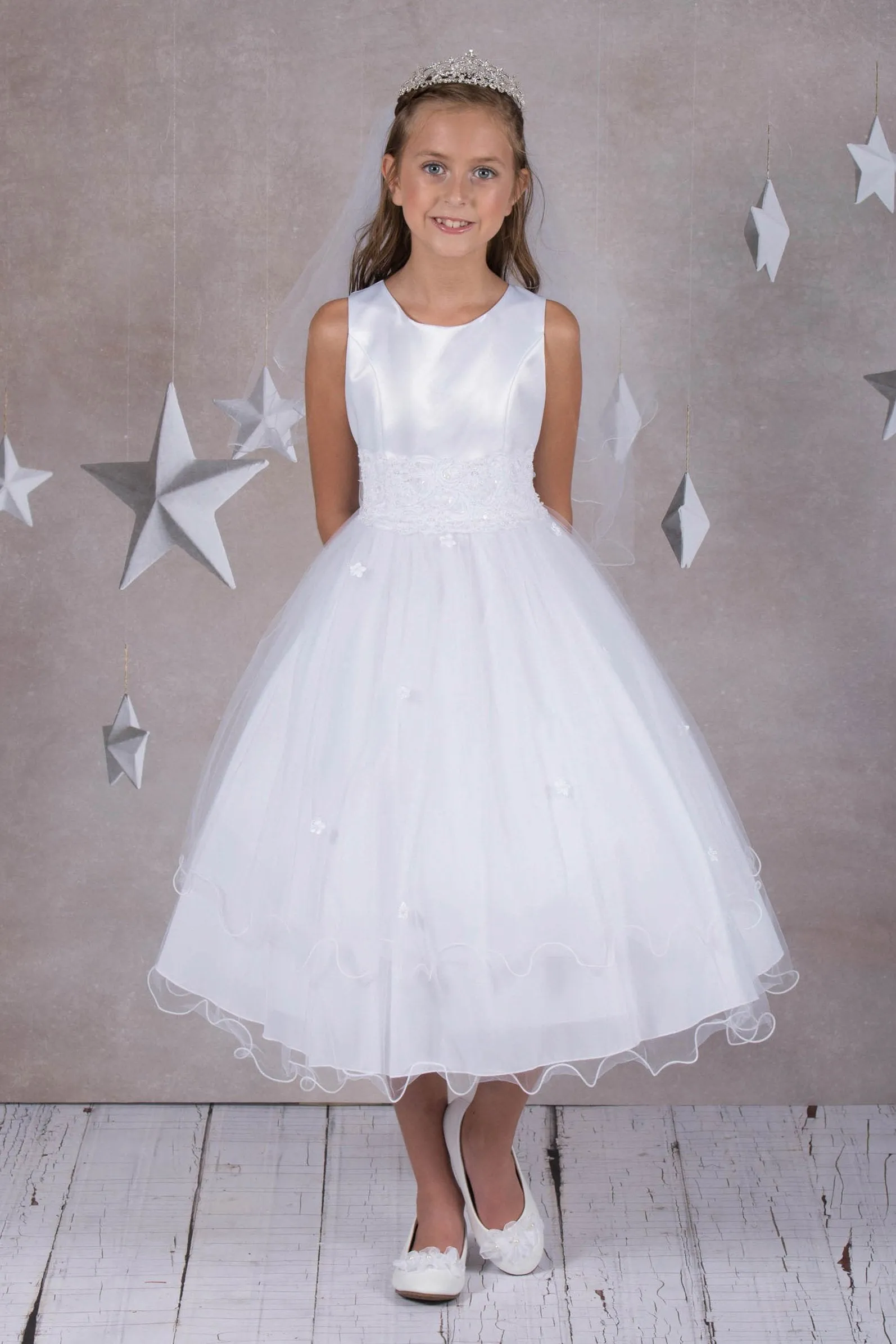 Lace Trim Long Tulle Girls Dress