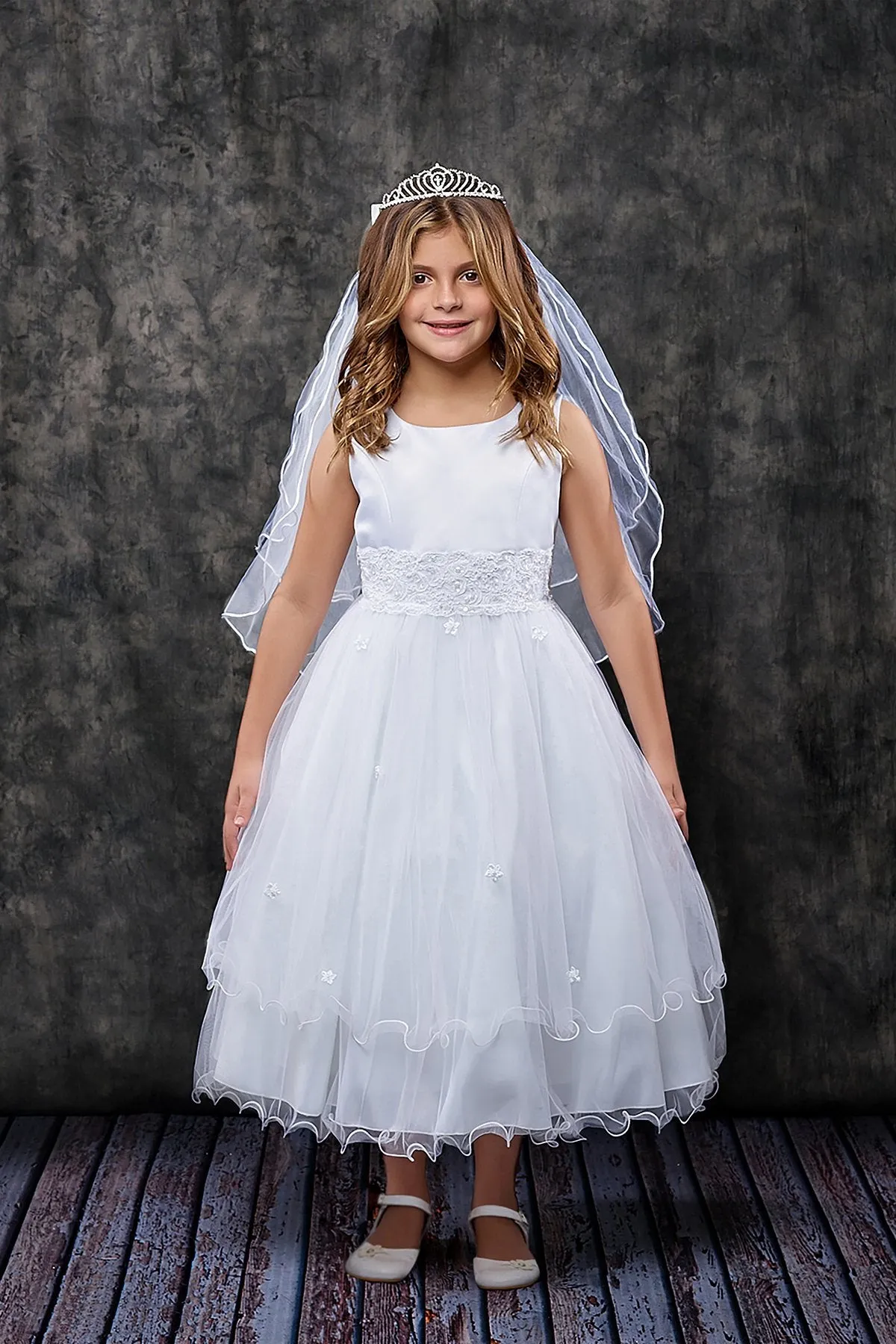 Lace Trim Long Tulle Girls Dress