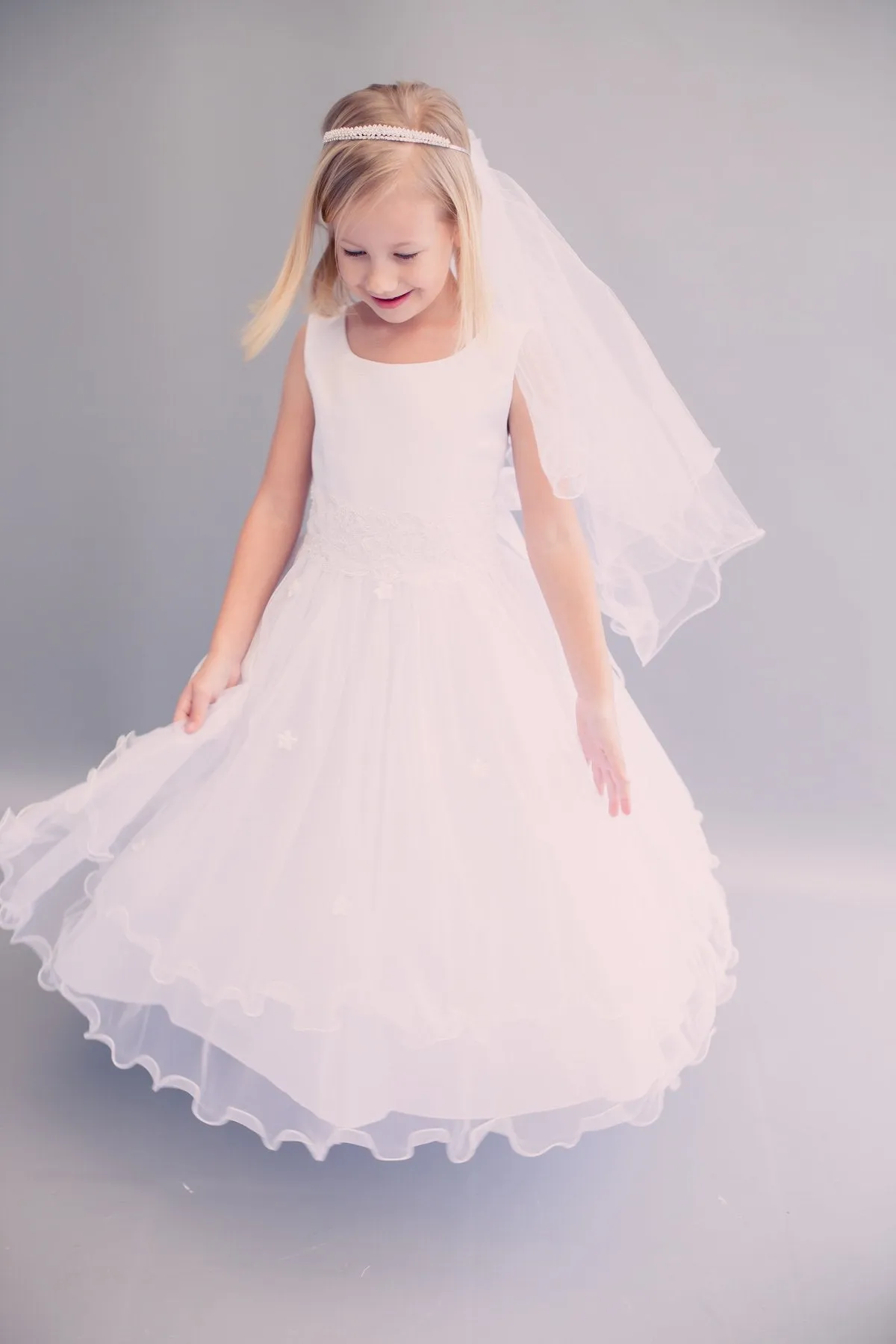Lace Trim Long Tulle Girls Dress
