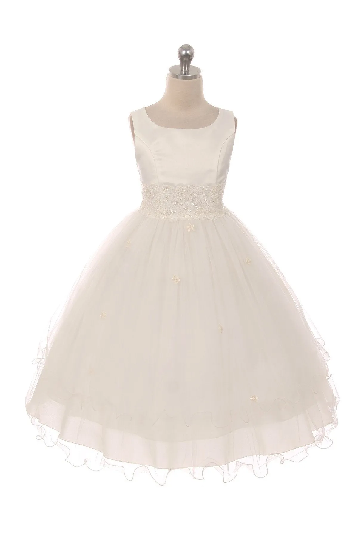 Lace Trim Long Tulle Girls Dress