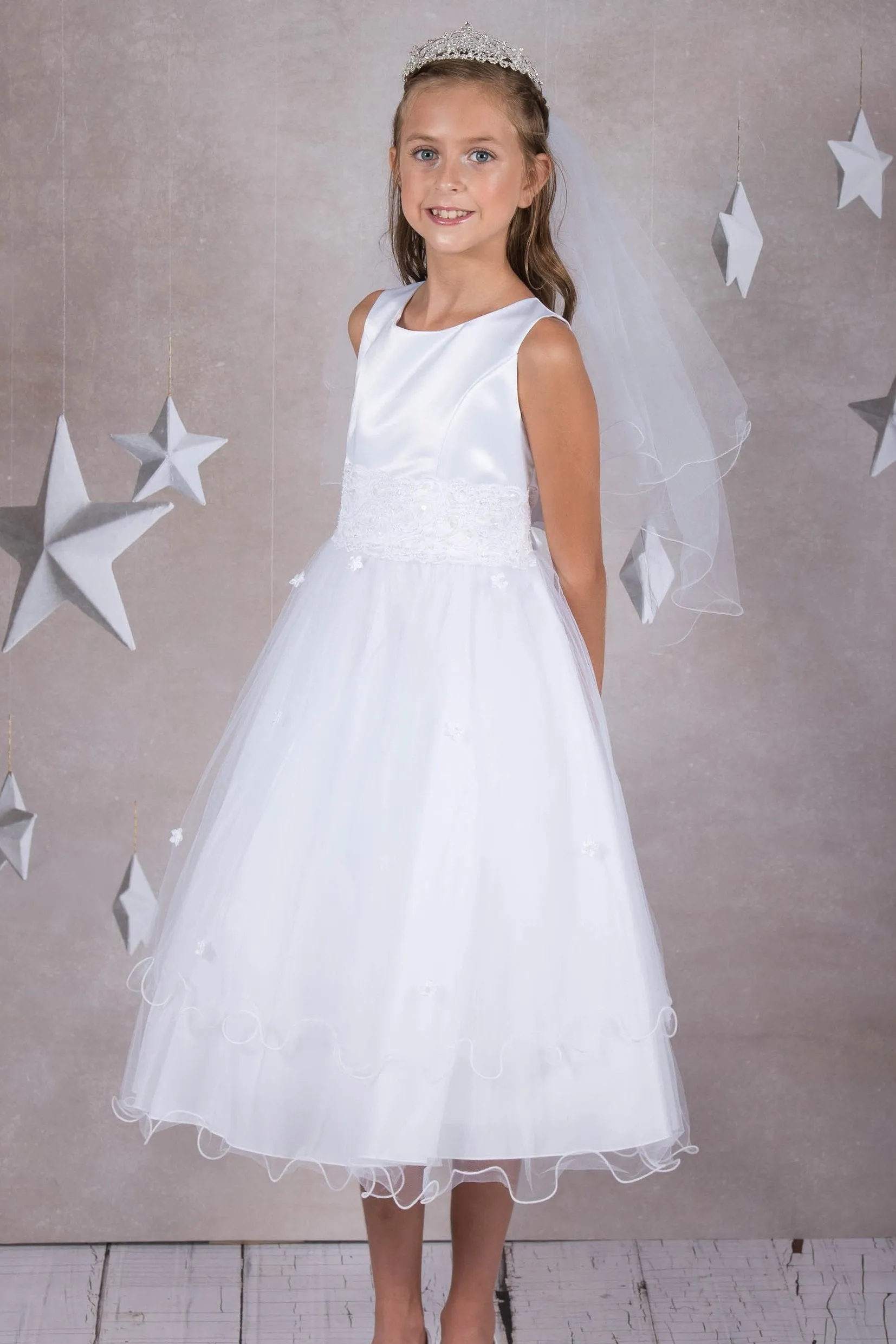Lace Trim Long Tulle Girls Dress